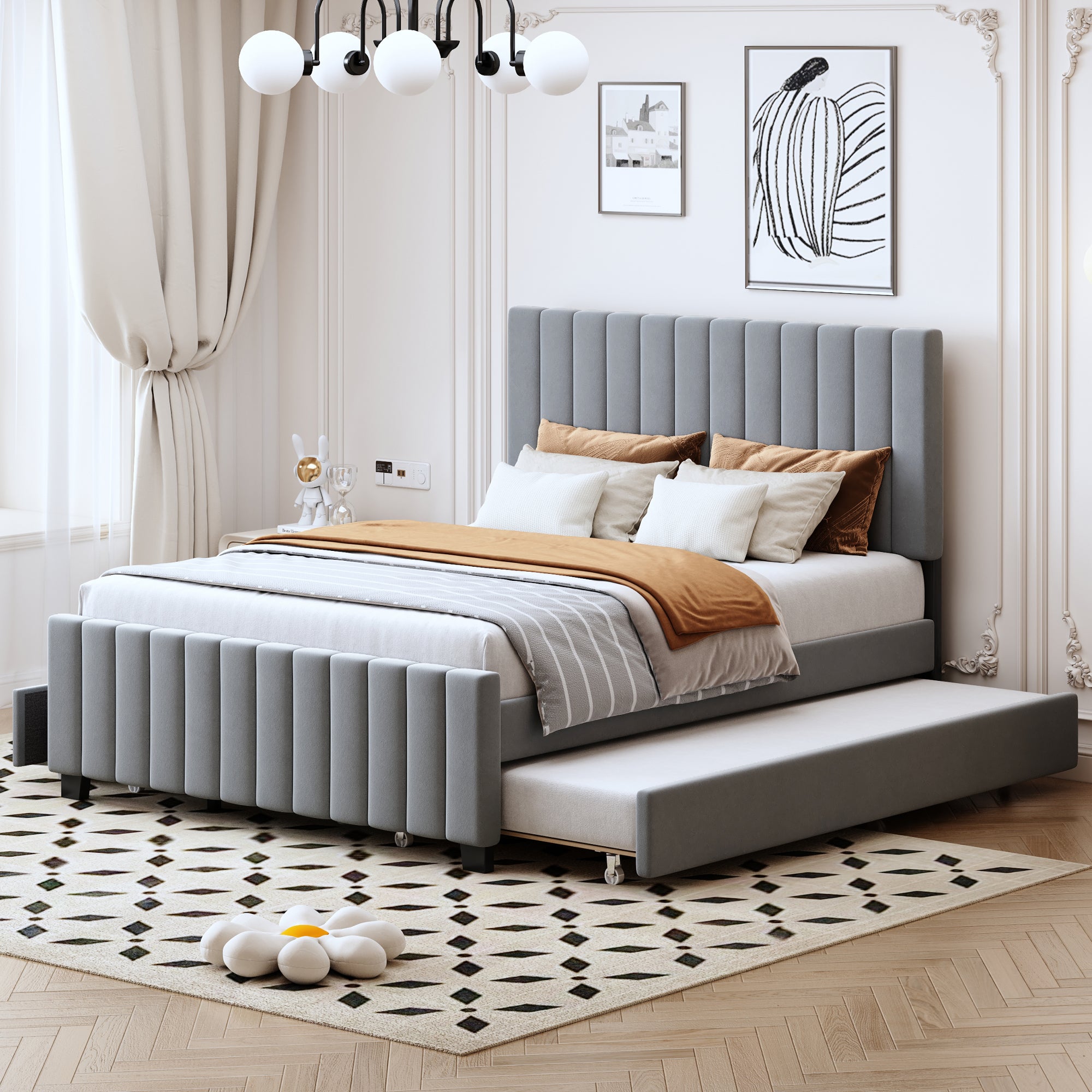 Upholstered Bed 140x190cm, Pull-Out & 2 Drawers, Velvet, Gray