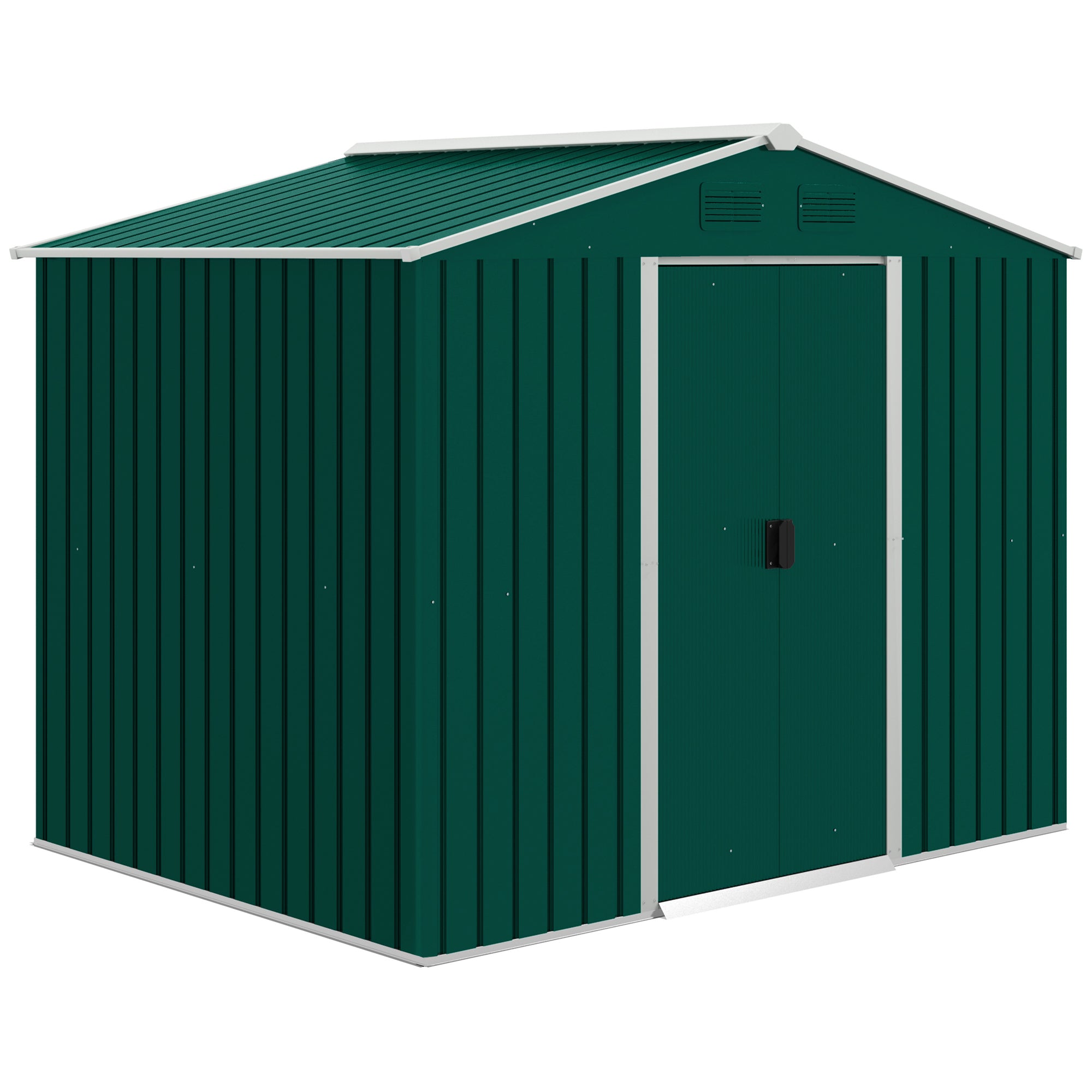7.7 x 5.7ft Garden Shed, Ventilation Slots Sliding Doors Outdoor Tool Storage, Galvanised Green