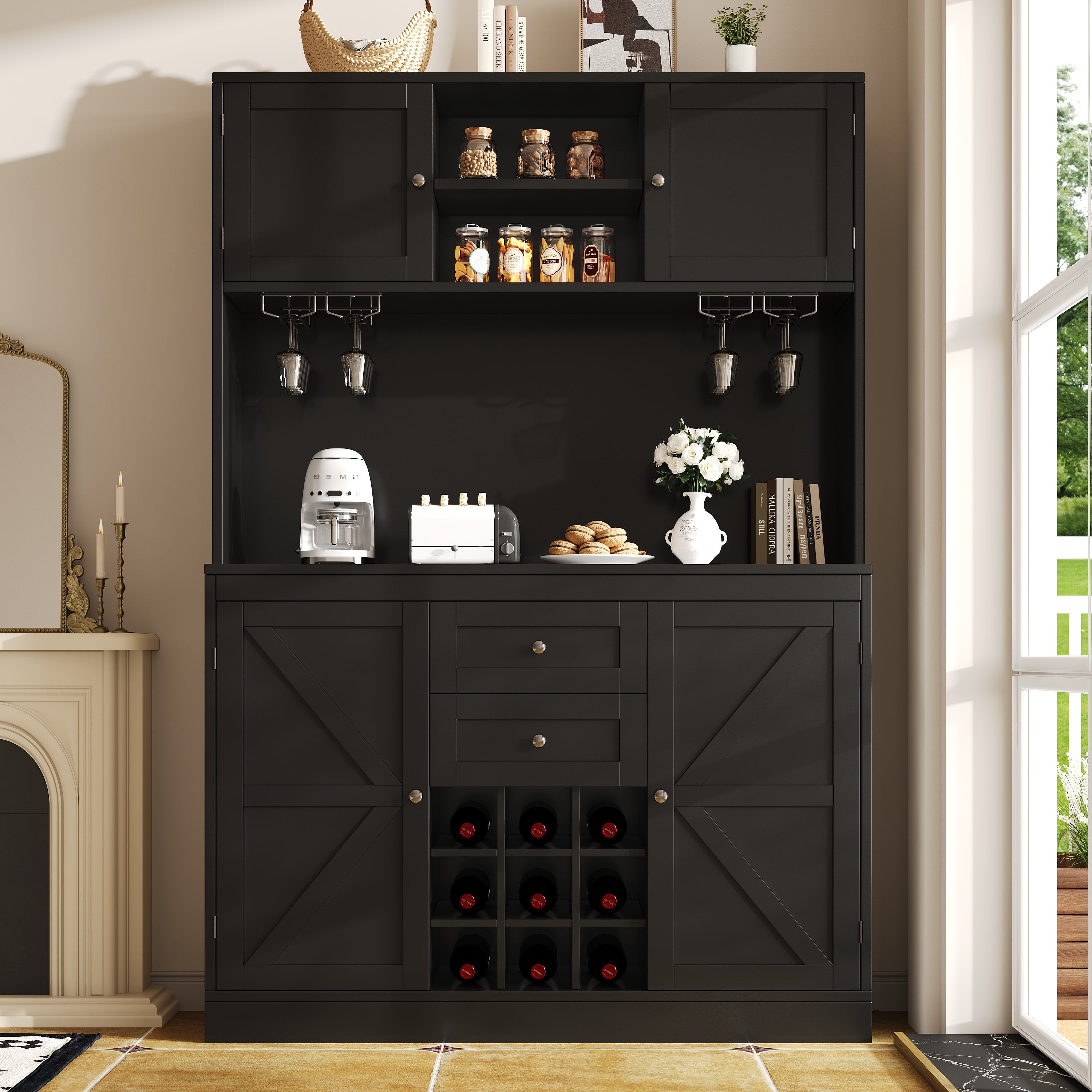Tall Kitchen Buffet Cabinet with Adjustable Shelves, Wine Rack, 4 Doors & 2 Drawers - Black