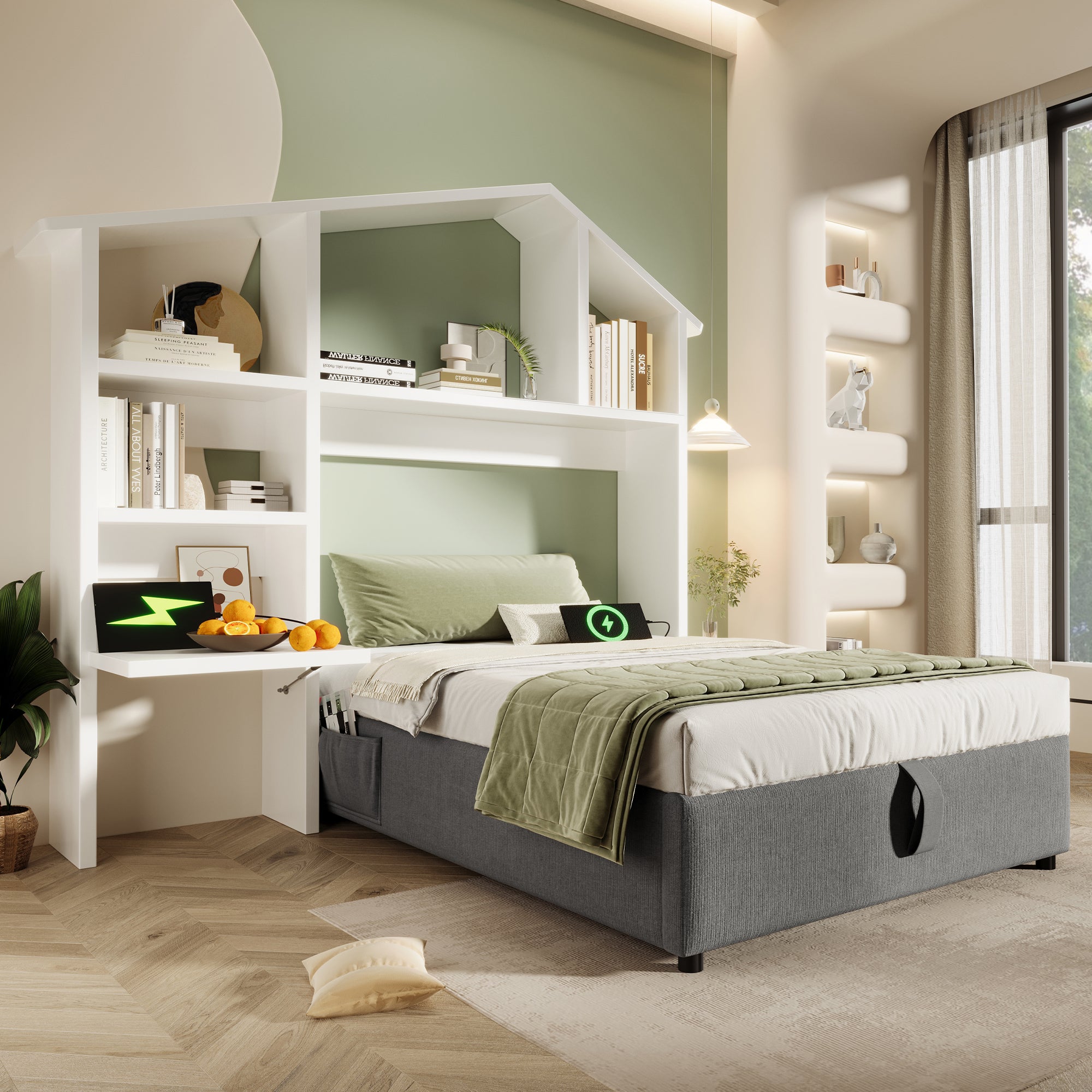 Children's Upholstered Bed, 90x200 cm, with Bookcase, Hydraulic Storage, USB-C, Single, Grey Linen