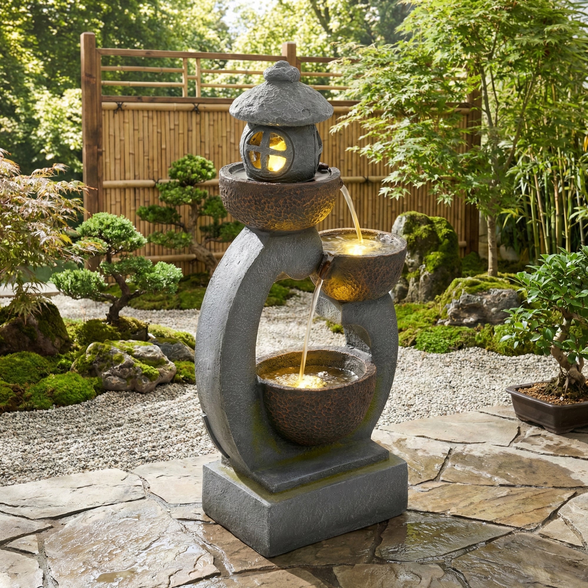 Japanese Garden Zen LED Outdoor Fountain, 95 cm with Tranquil Water Feature, Stone Grey