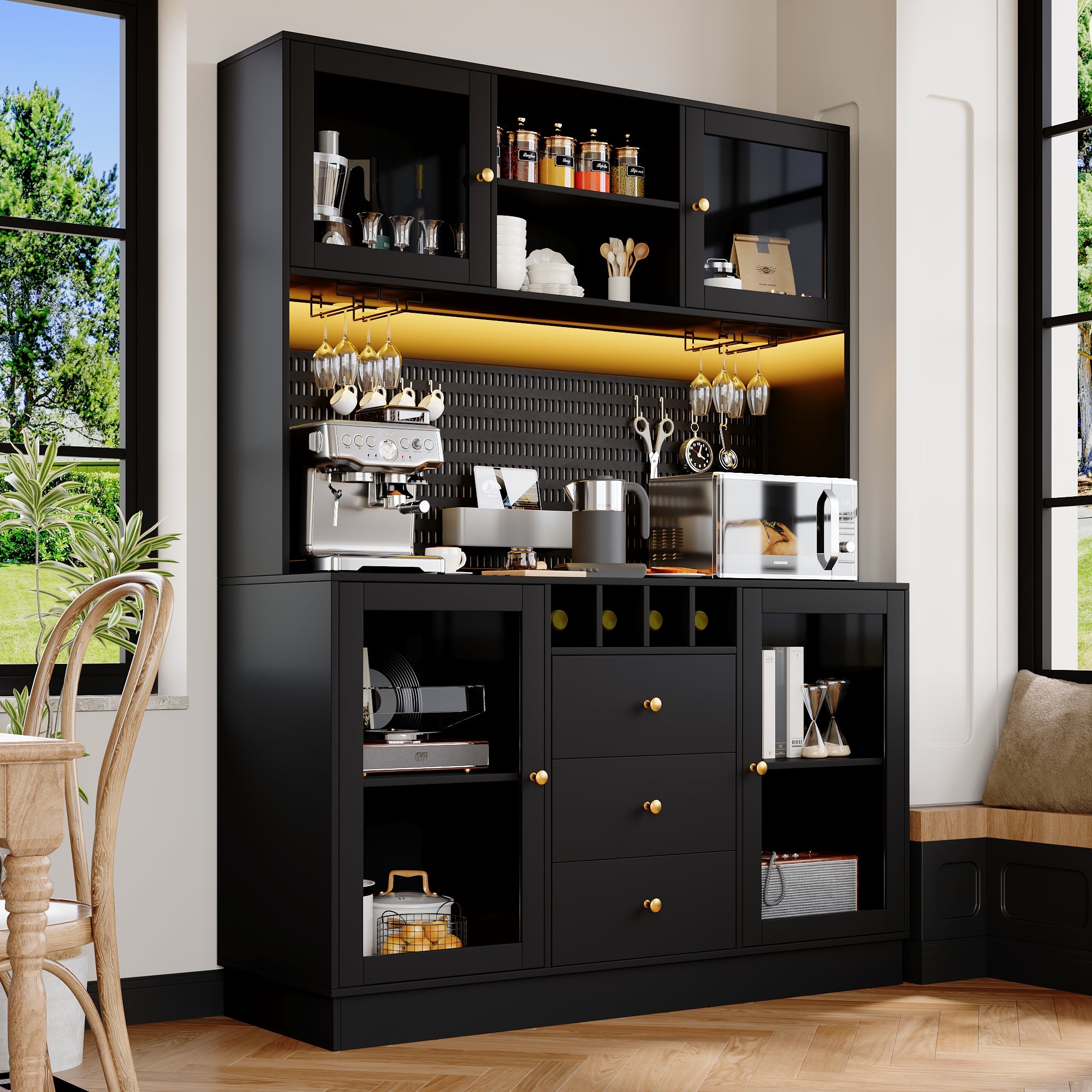 Modern Tall Cabinet with Smart LED Lighting, Wine Rack and Adjustable Shelves, Black