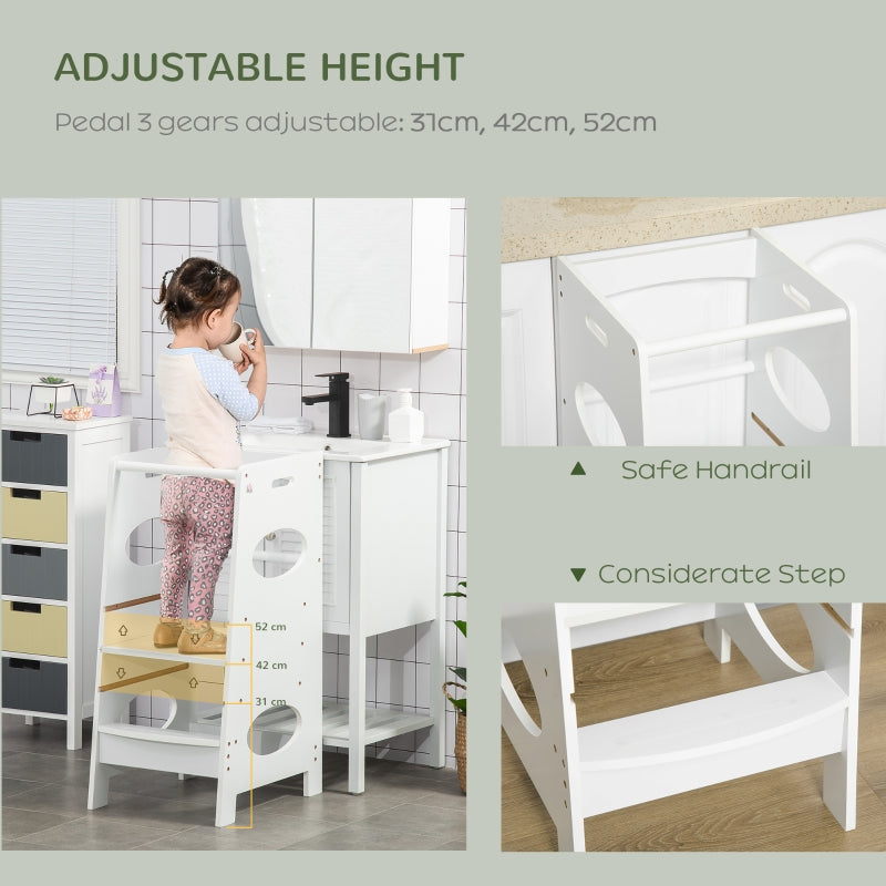 Toddler Step Stool Adjustable Standing Tower with Safety Rail, White MDF
