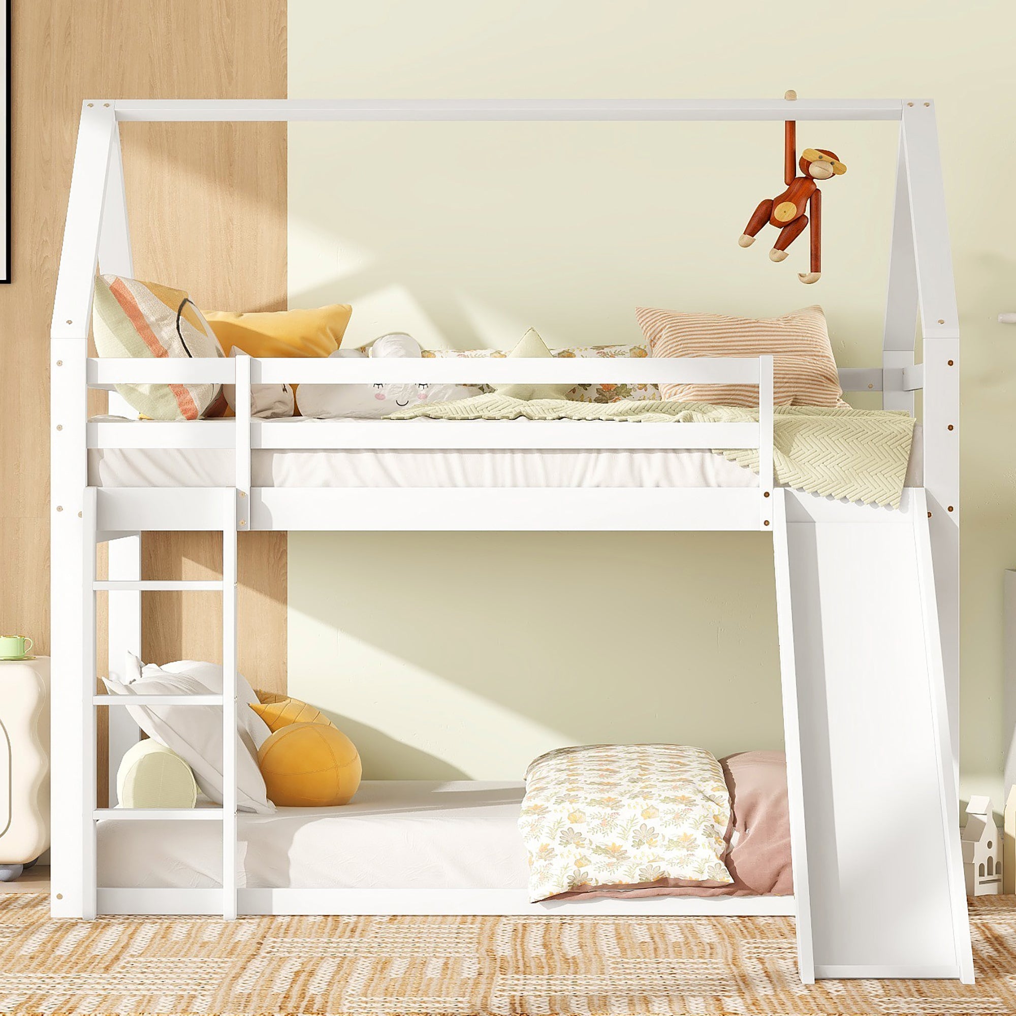 Single House Bunk Bed with Slide and Ladder, 90x200cm, White