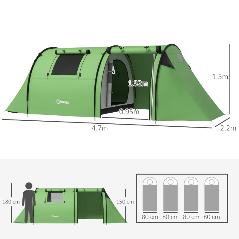 Four Man Duo Room Tunnel Tent, Accessories Included - Green Polyester