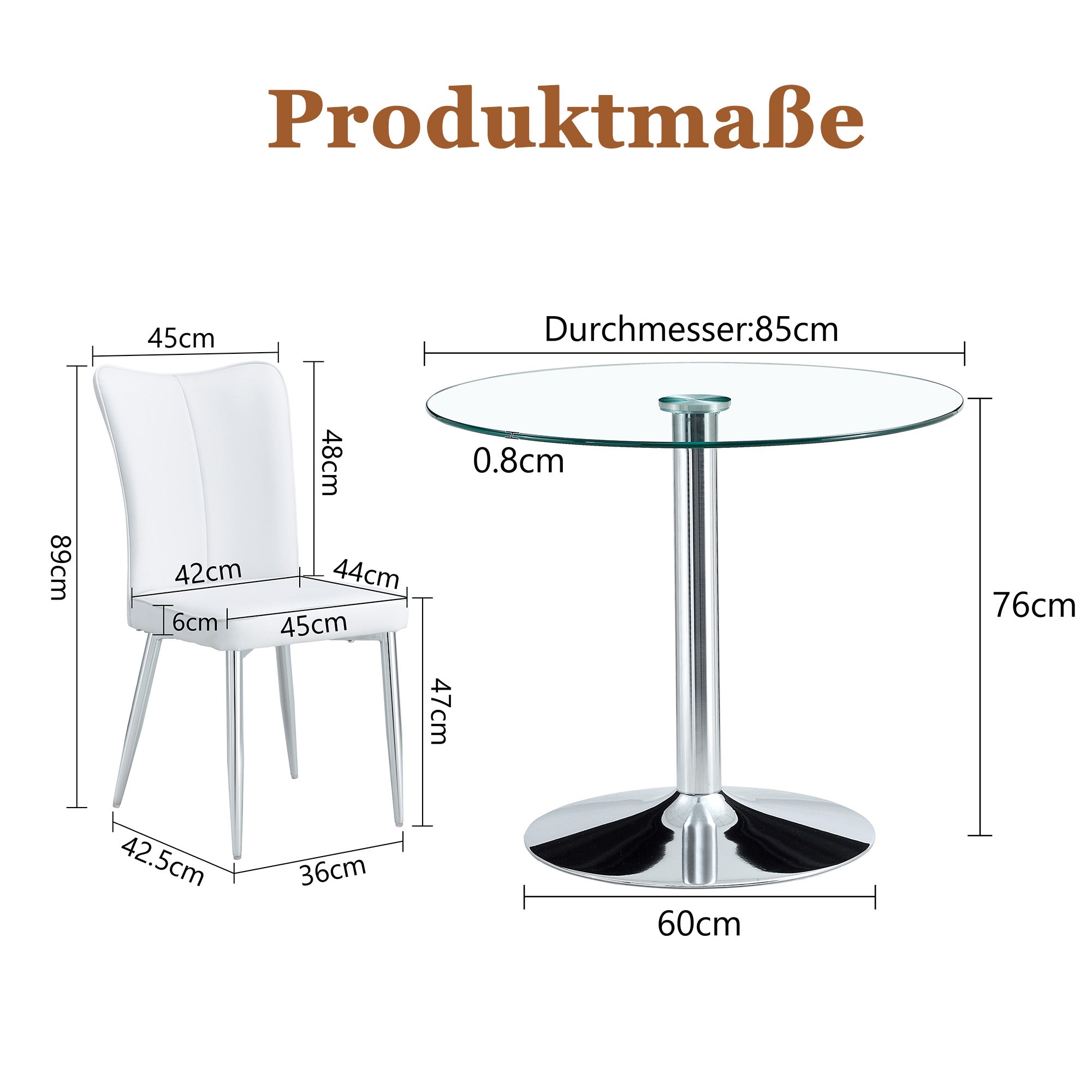 Dining Table Set, Minimalist 85cm Tempered Glass Table with 2 PU Chairs, White