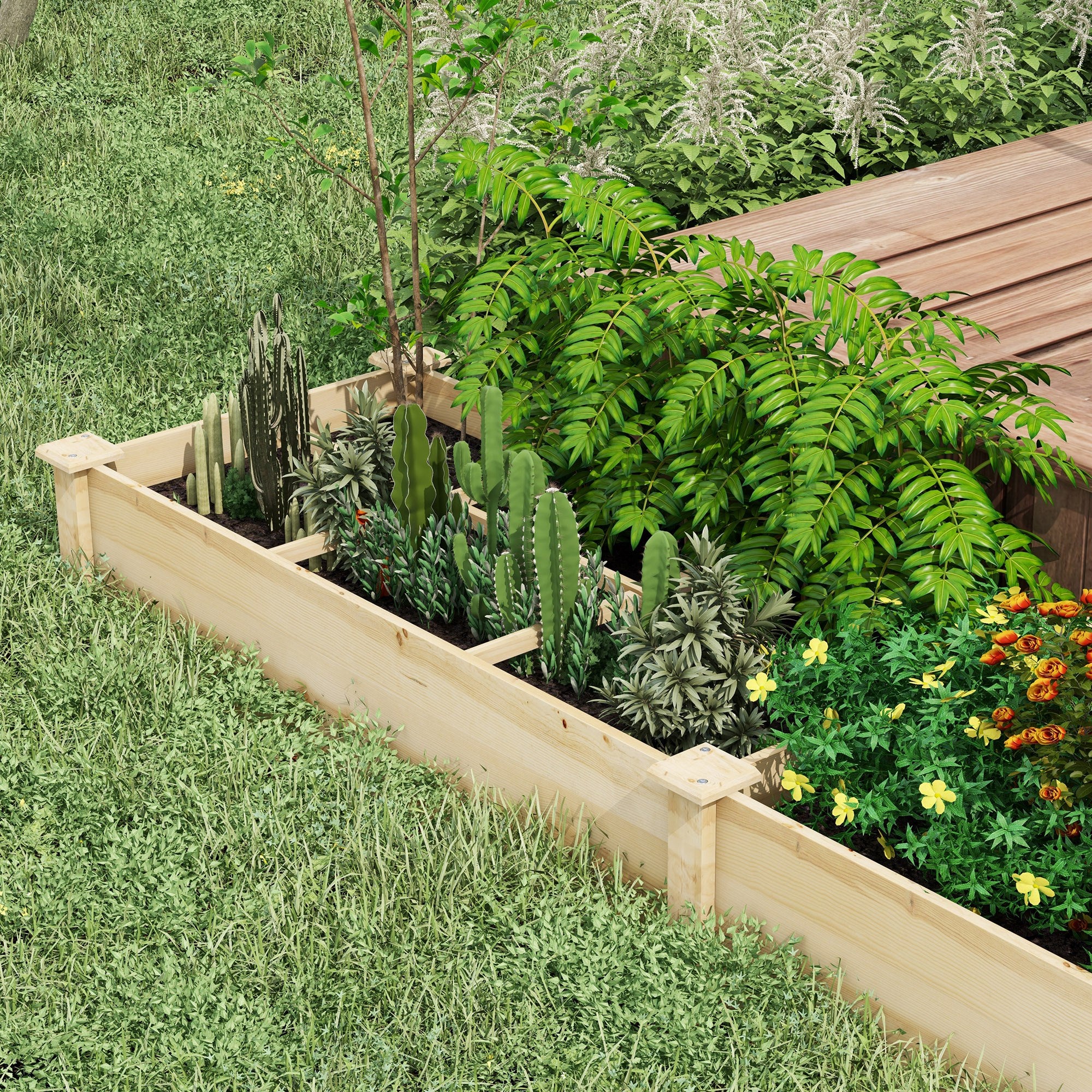 Raised Garden Bed Planter, Large 2 Compartments, 237x60x25cm, Wooden Natural