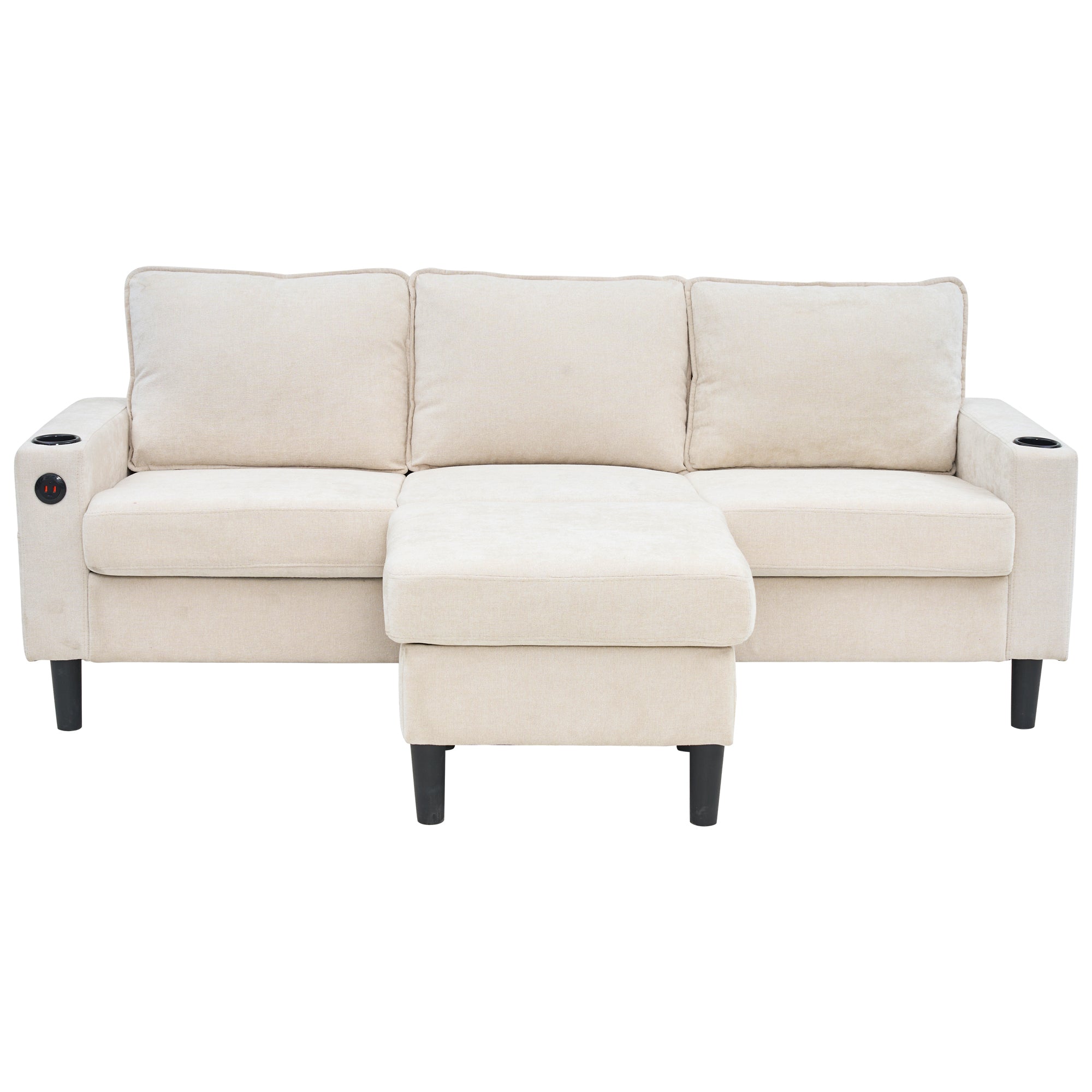 Upholstered Sofa, 3-Seater L-Shaped Sofa Bed with USB & Type-C Ports & Cup Holders, Beige