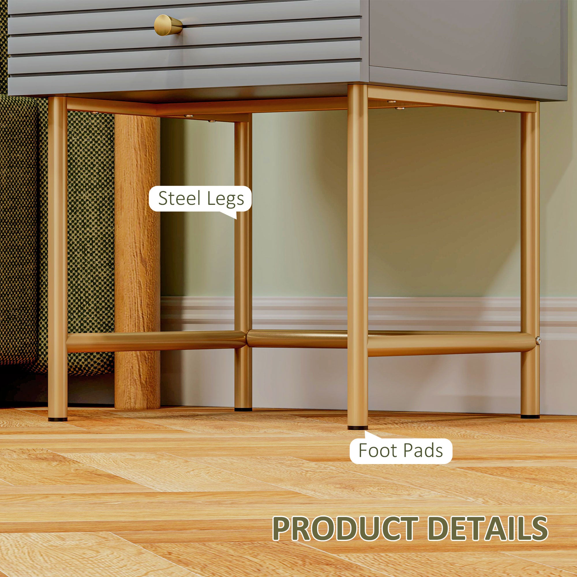 Bedside Tables, Set of Two Elegant, Grey/Gold-Tone