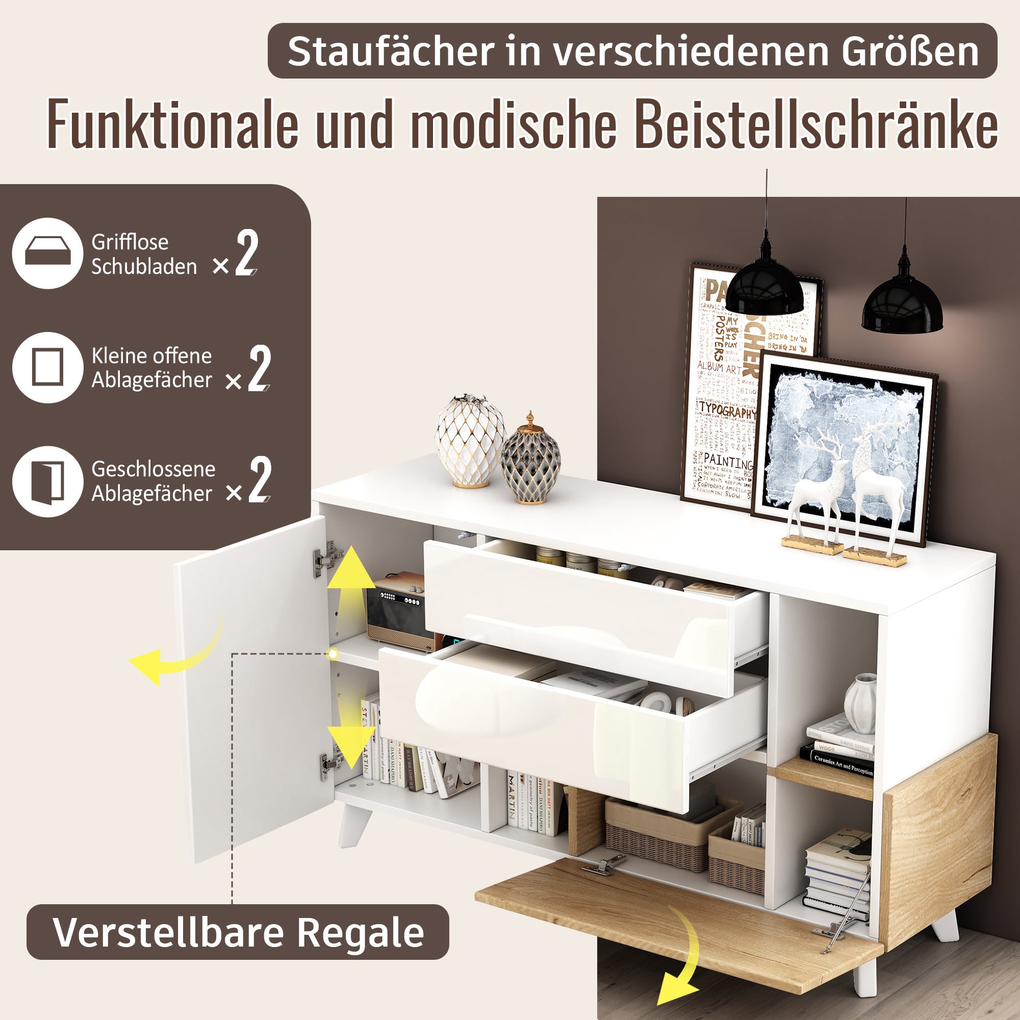 Sideboard, Storage, High-Gloss White Wood