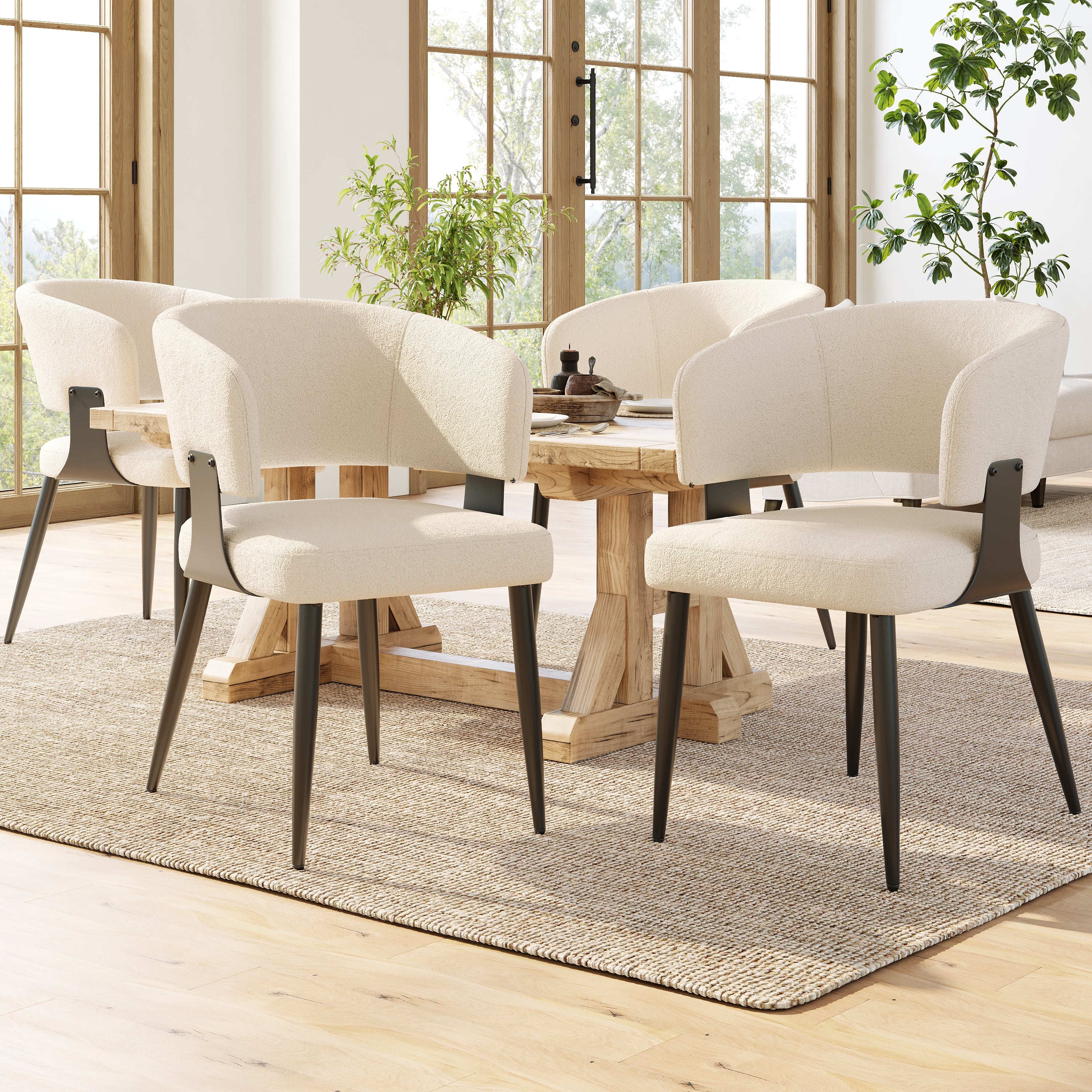 Ergonomic Dining Chair Set of 4 with Curved Backrest and Flannel Fabric, Beige/Grey