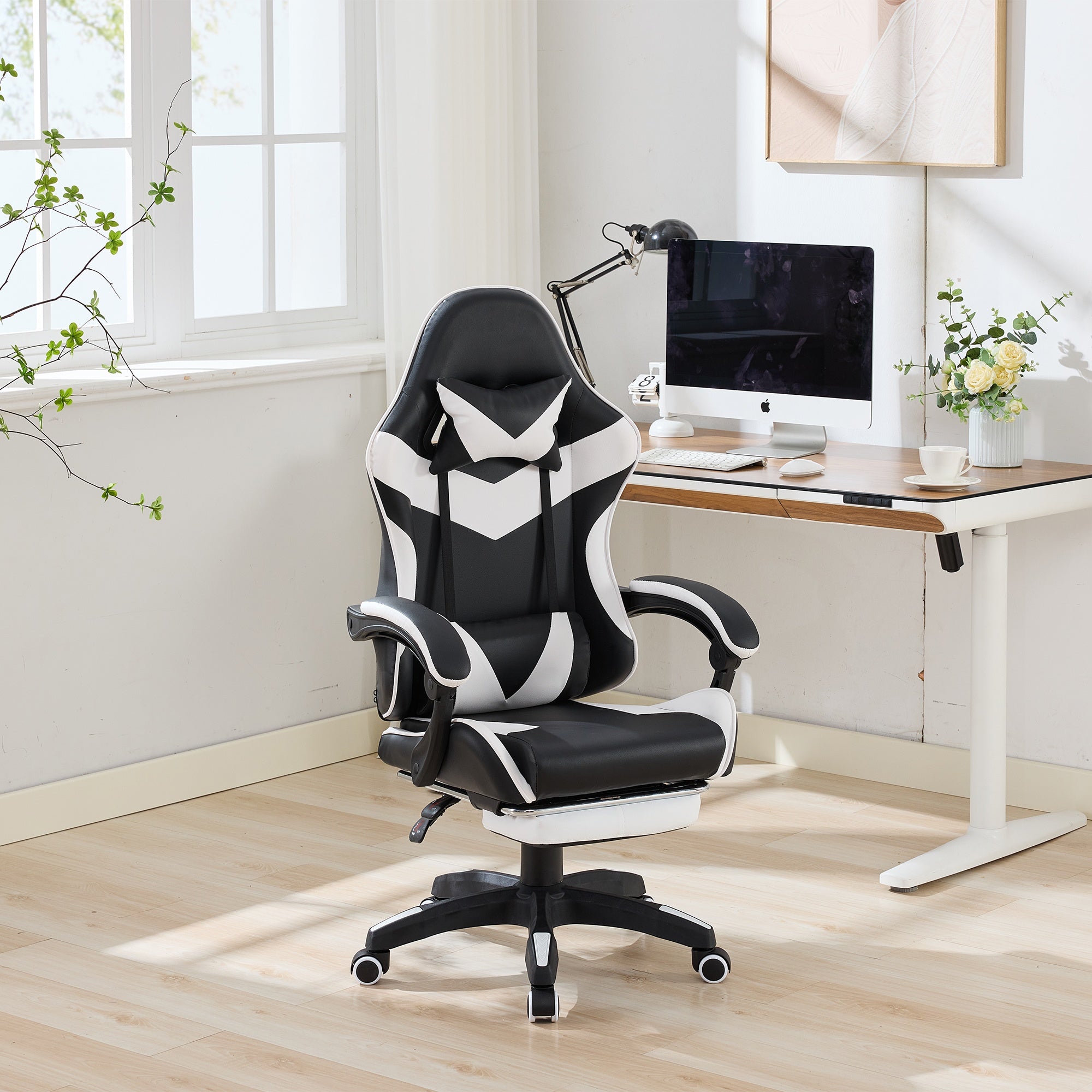 Gaming Chair 360° Swivel Ergonomic Racing High-Back Adjustable Footrest Headrest Lumbar Support - Black & White Leather