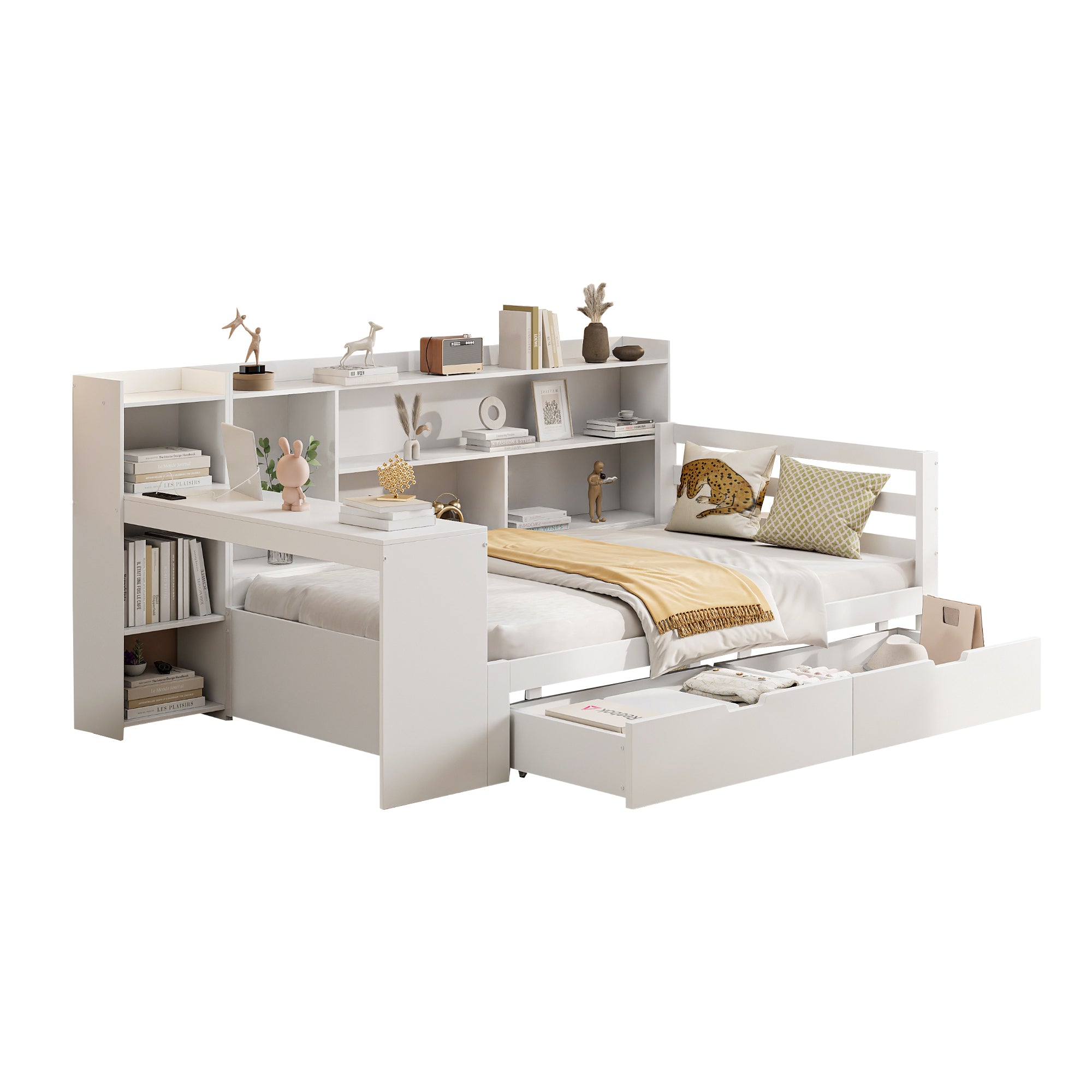 Solid Wood Sofa Bed with Desk, Bookshelf, Storage, Power Outlet - White