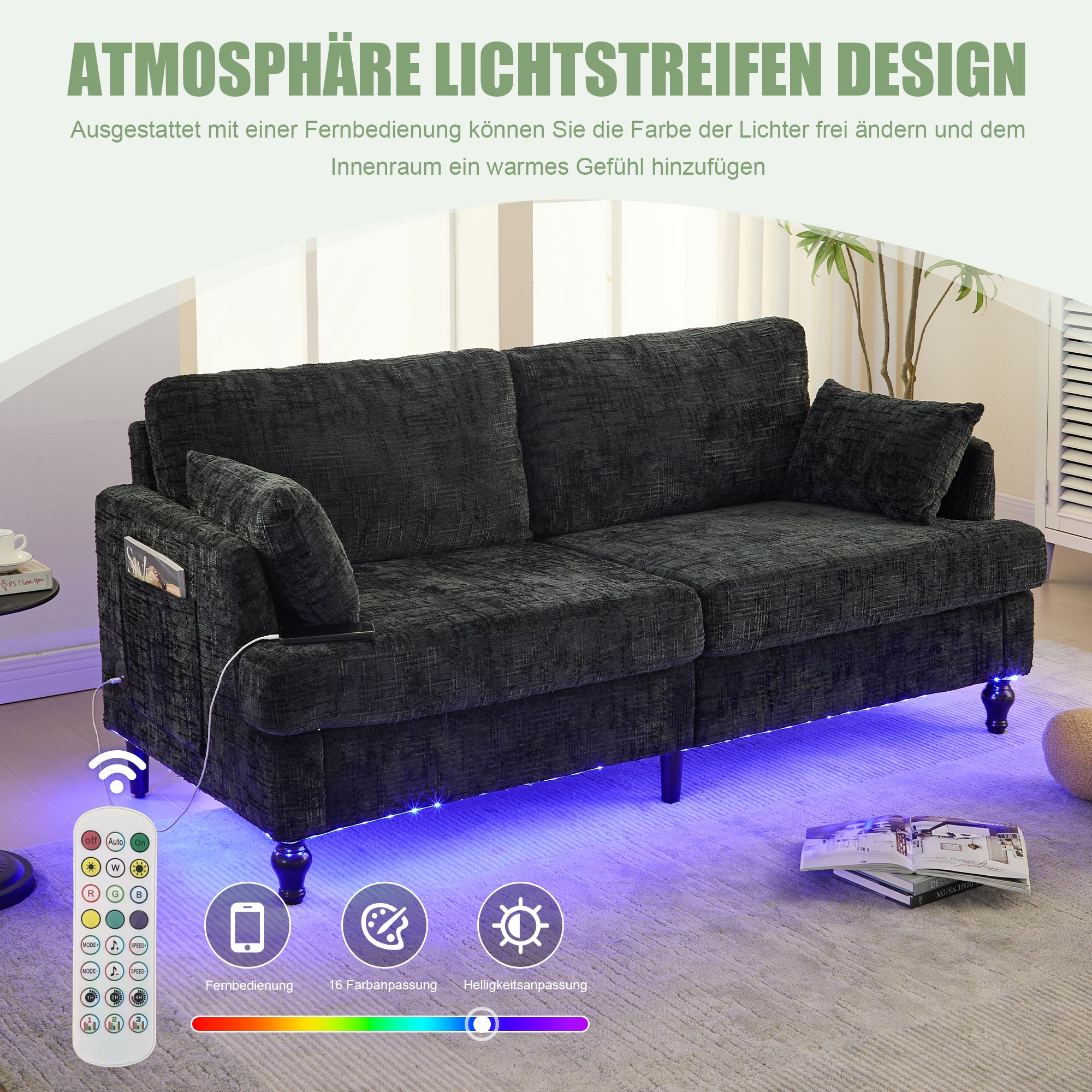 Sofa, 2-Seater with Wooden Legs, LED Light, USB, Storage Bag, Chenille