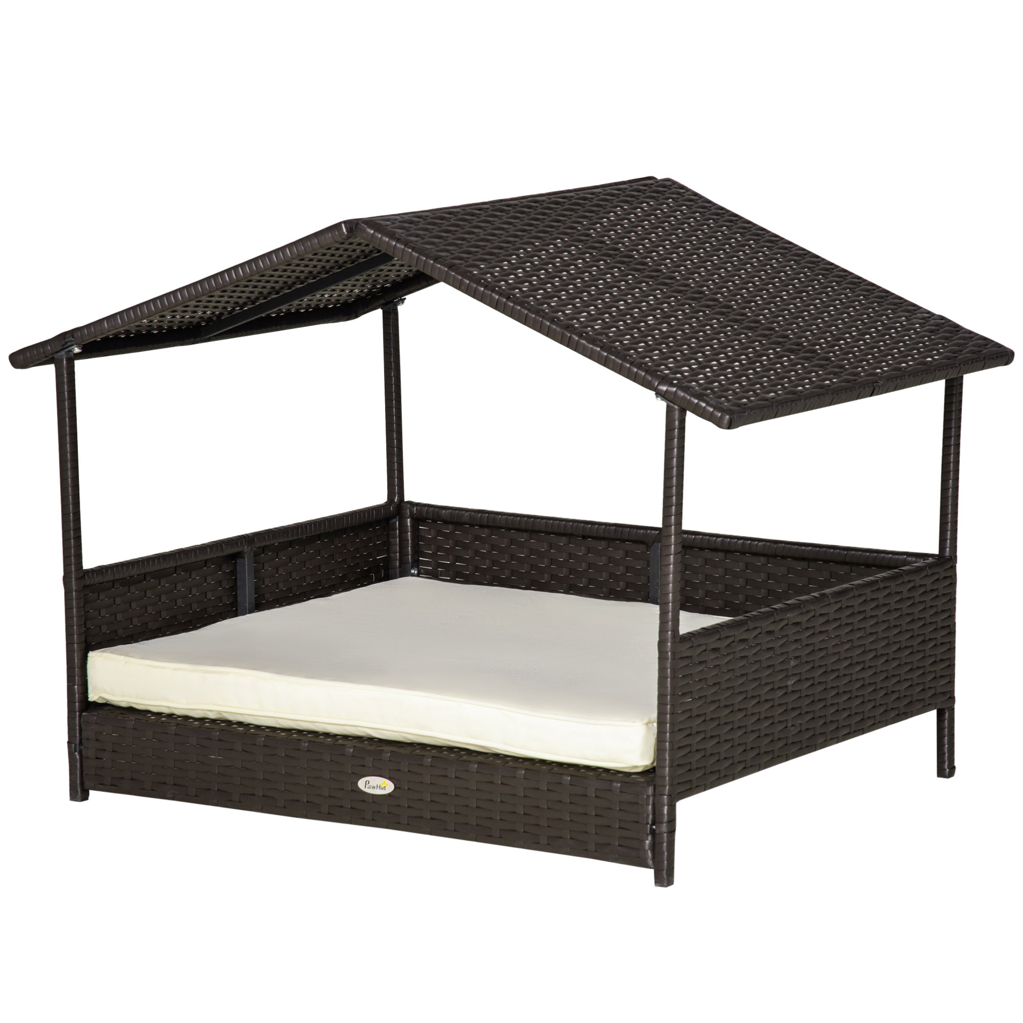 Rattan Dog House, Outdoor Bed, Steel Frame, Coffee-Brown