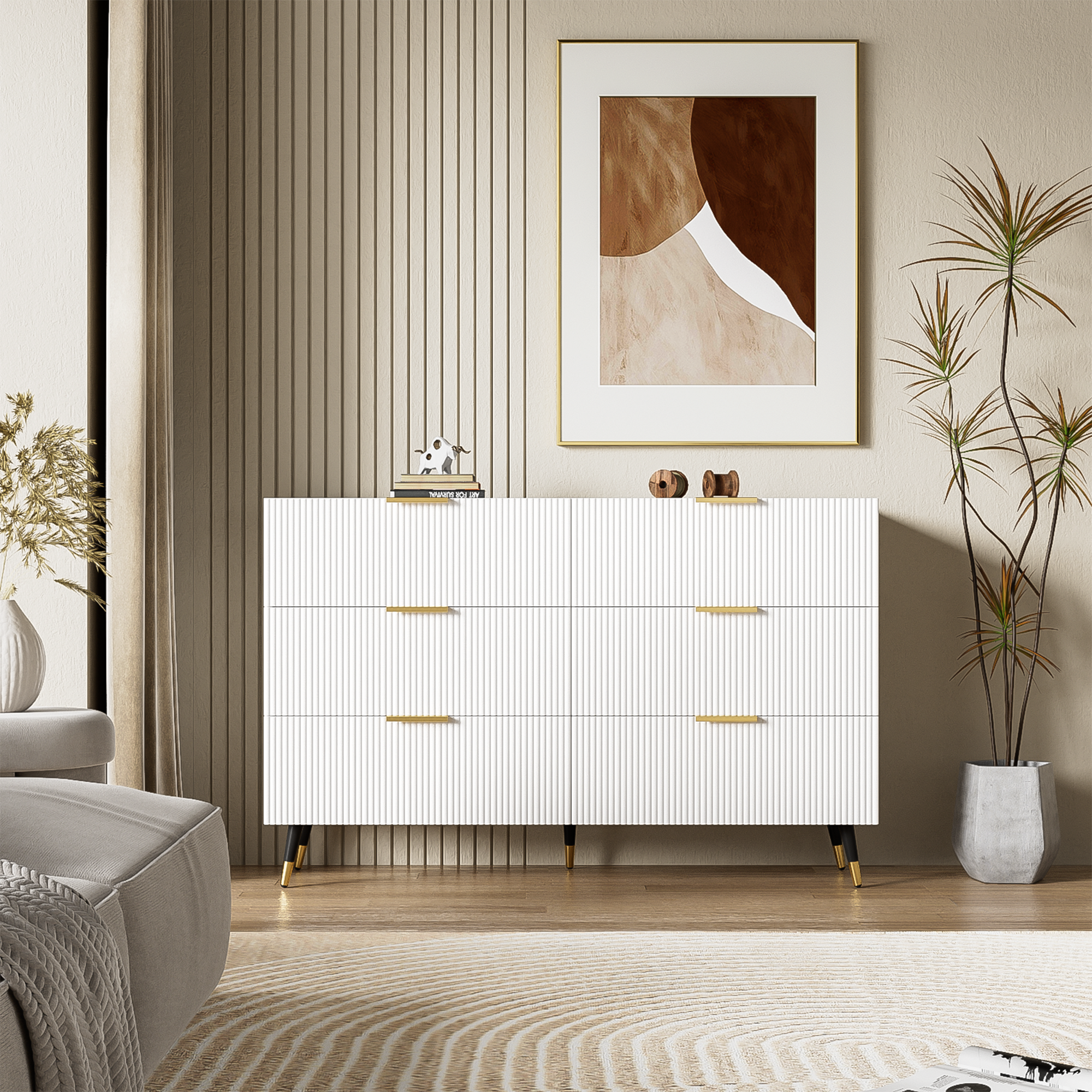 Sideboard, Modern Design Chest of Drawers, Wood, White and Gold
