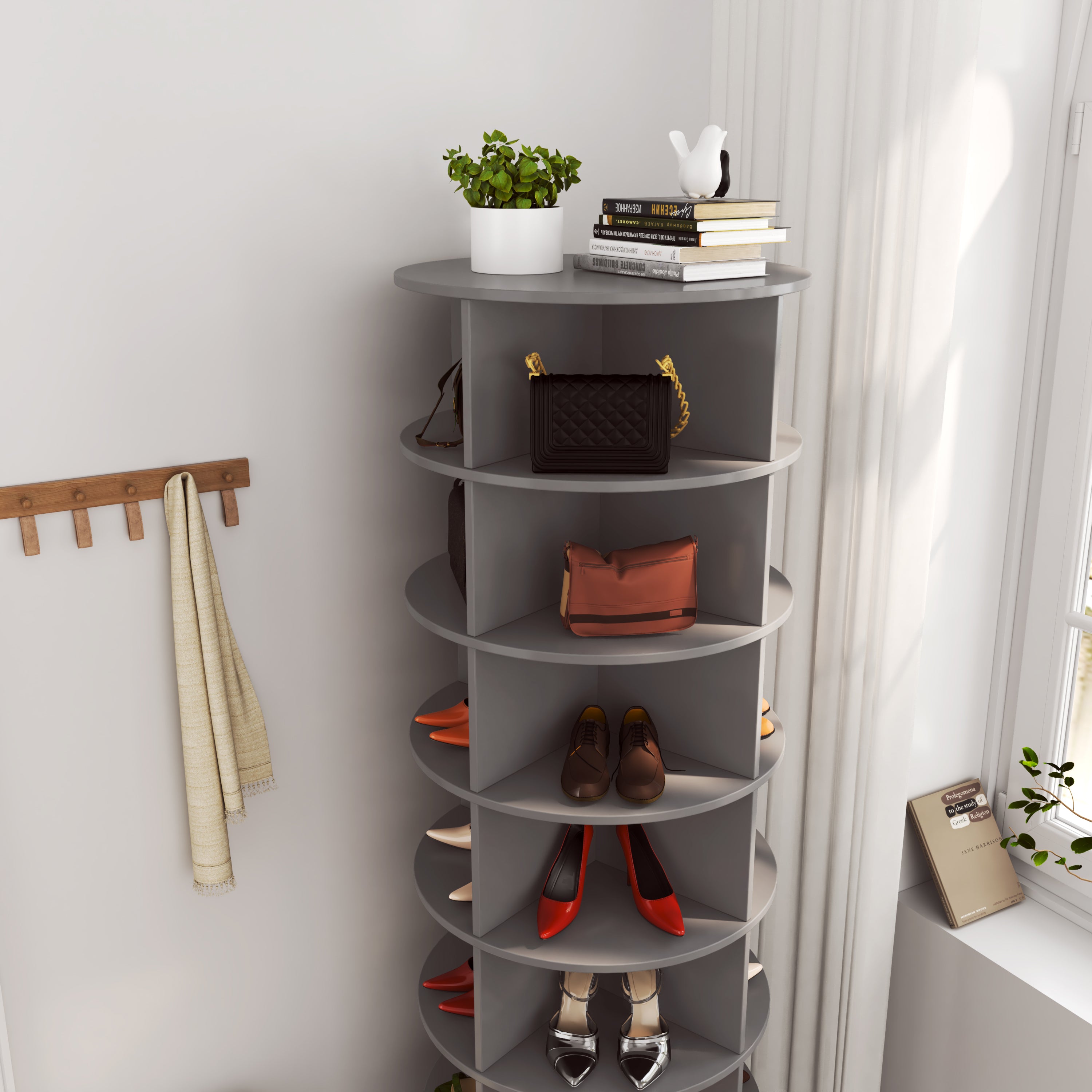 360° Rotating Shoe Cabinet, 7 Shelves, Holds 28 Pairs, Grey