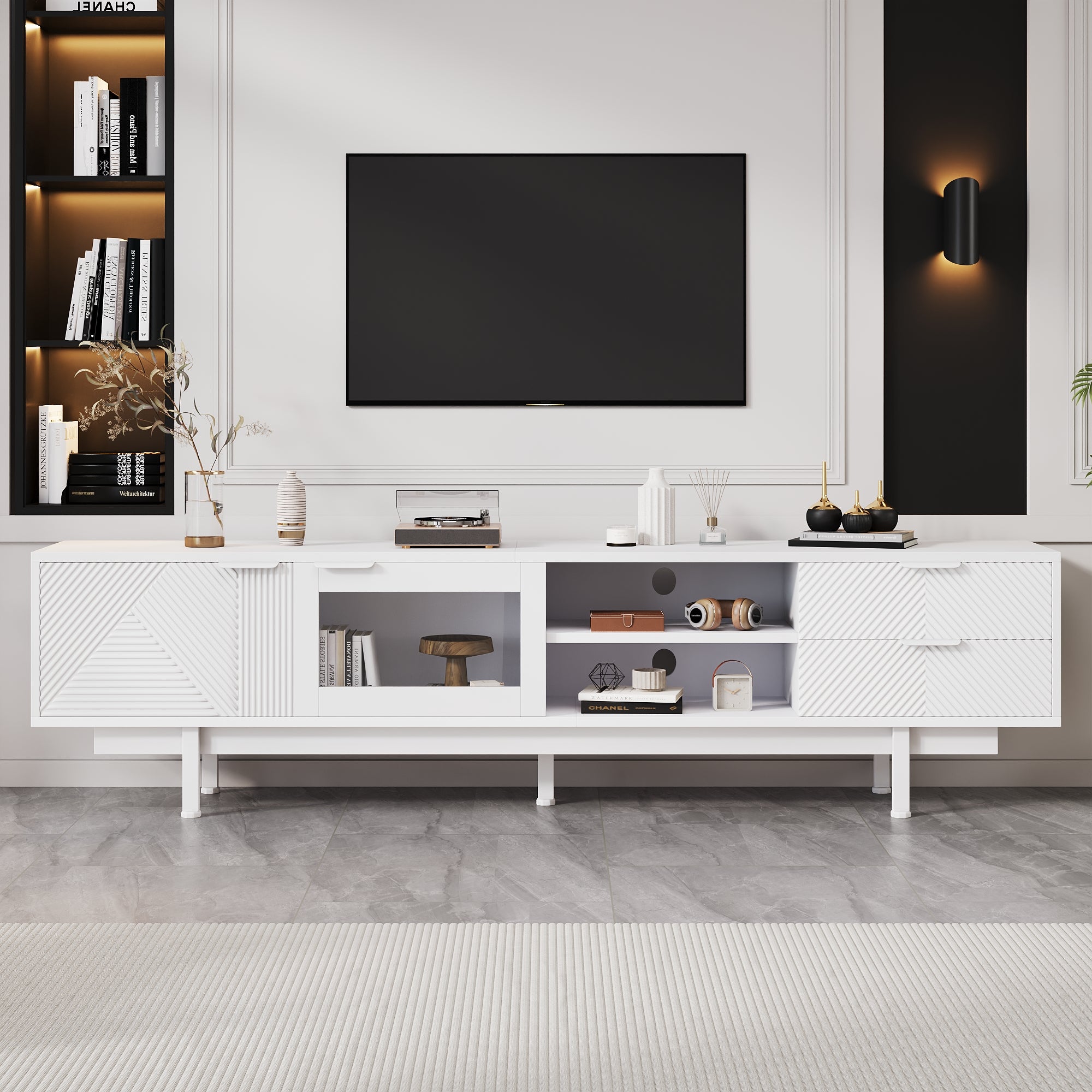 TV Cabinet, Modern Simple 80-inch with 2 Doors & 2 Drawers, White
