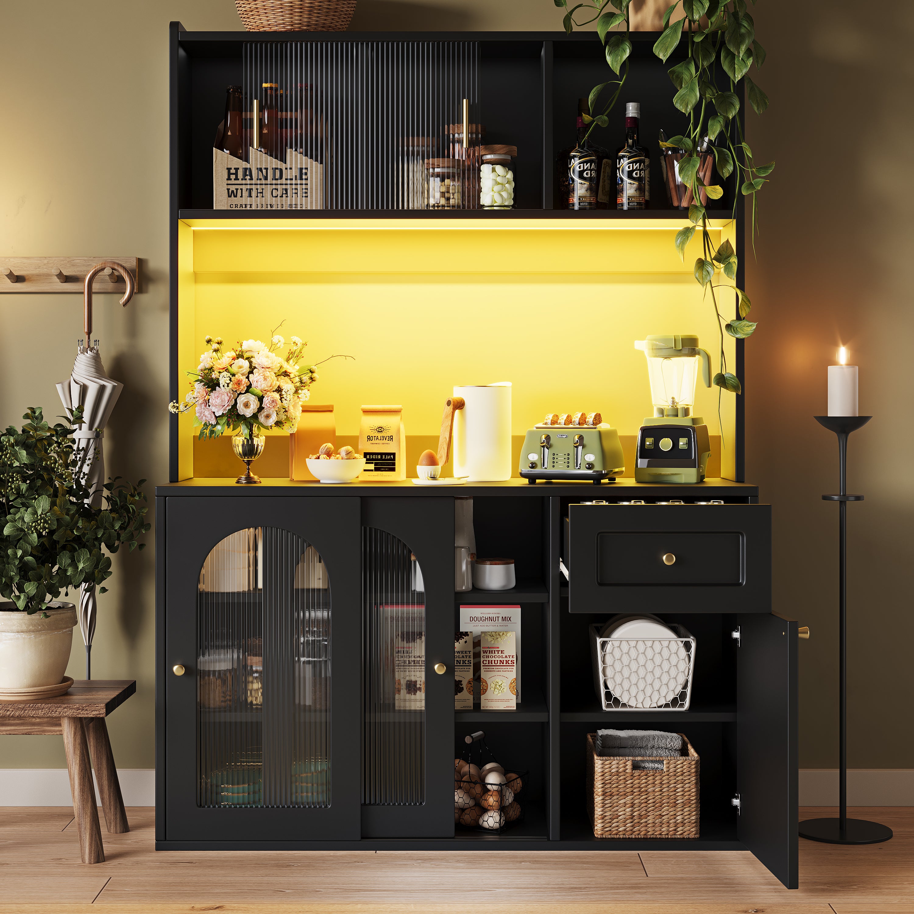 Tall Cabinet Buffet Display with Adjustable Shelves LED Lighting Black