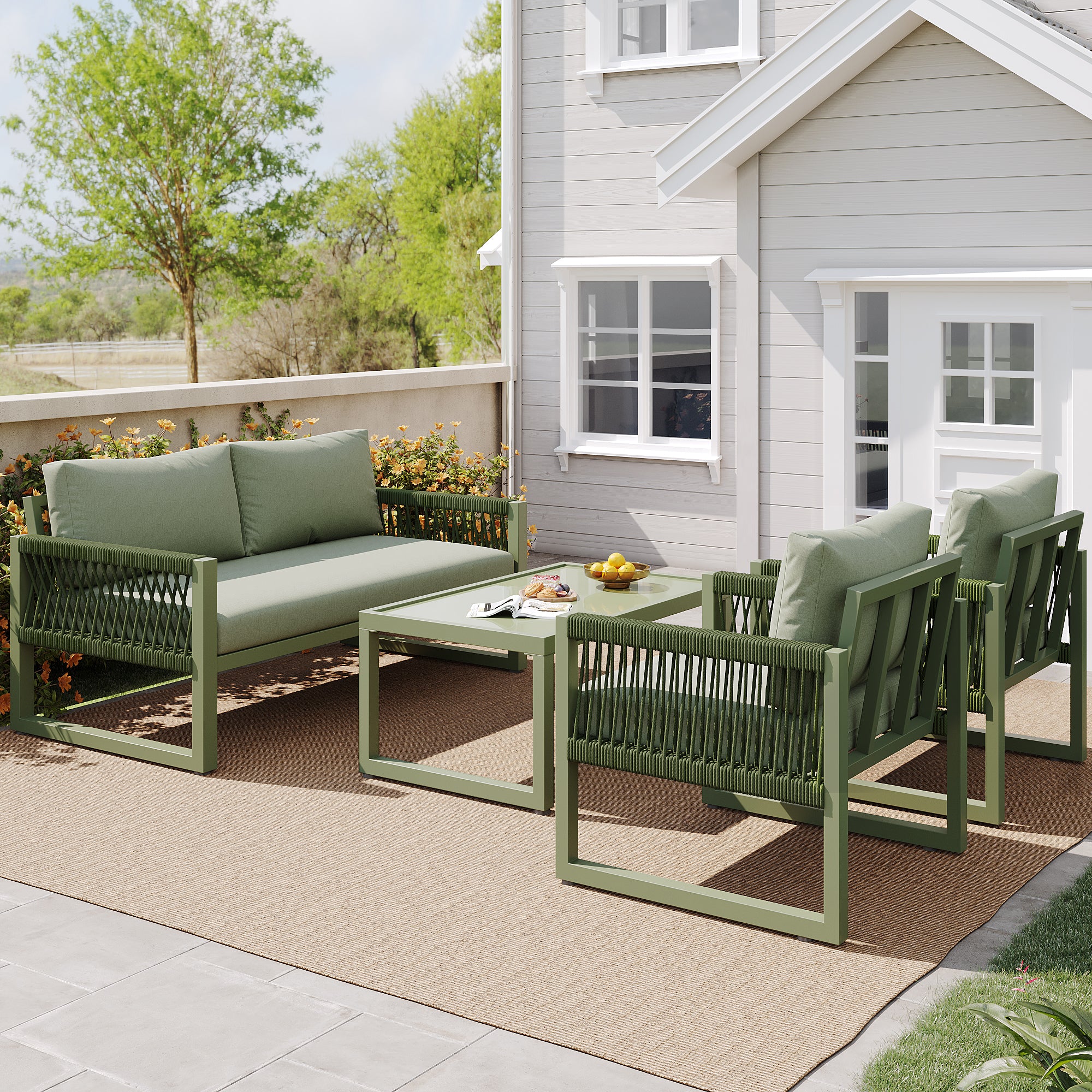 Garden Lounge Chair Set 4-Piece Rope/Iron Frame Glass Top - Green