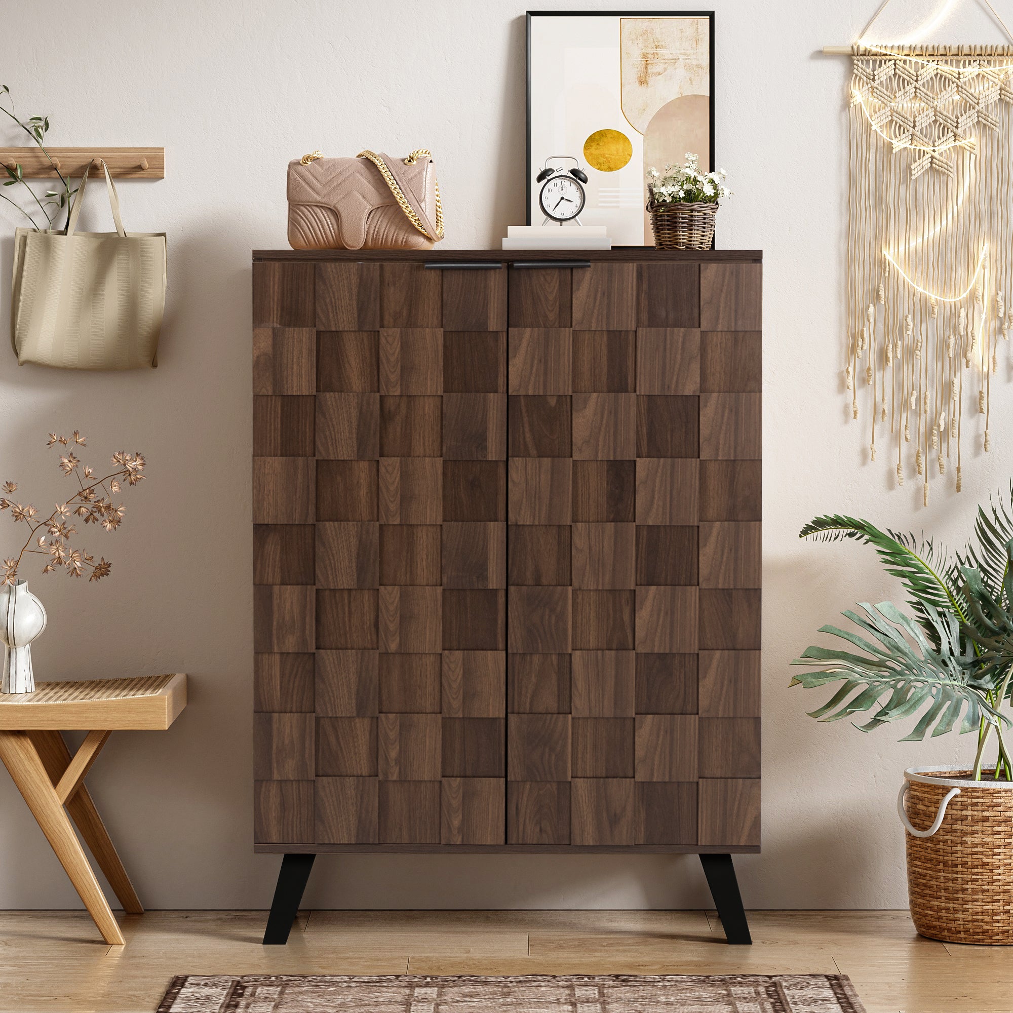 Sideboard Shoe Cabinet, 5 Compartments Adjustable Shelves, Dark Wood Grain