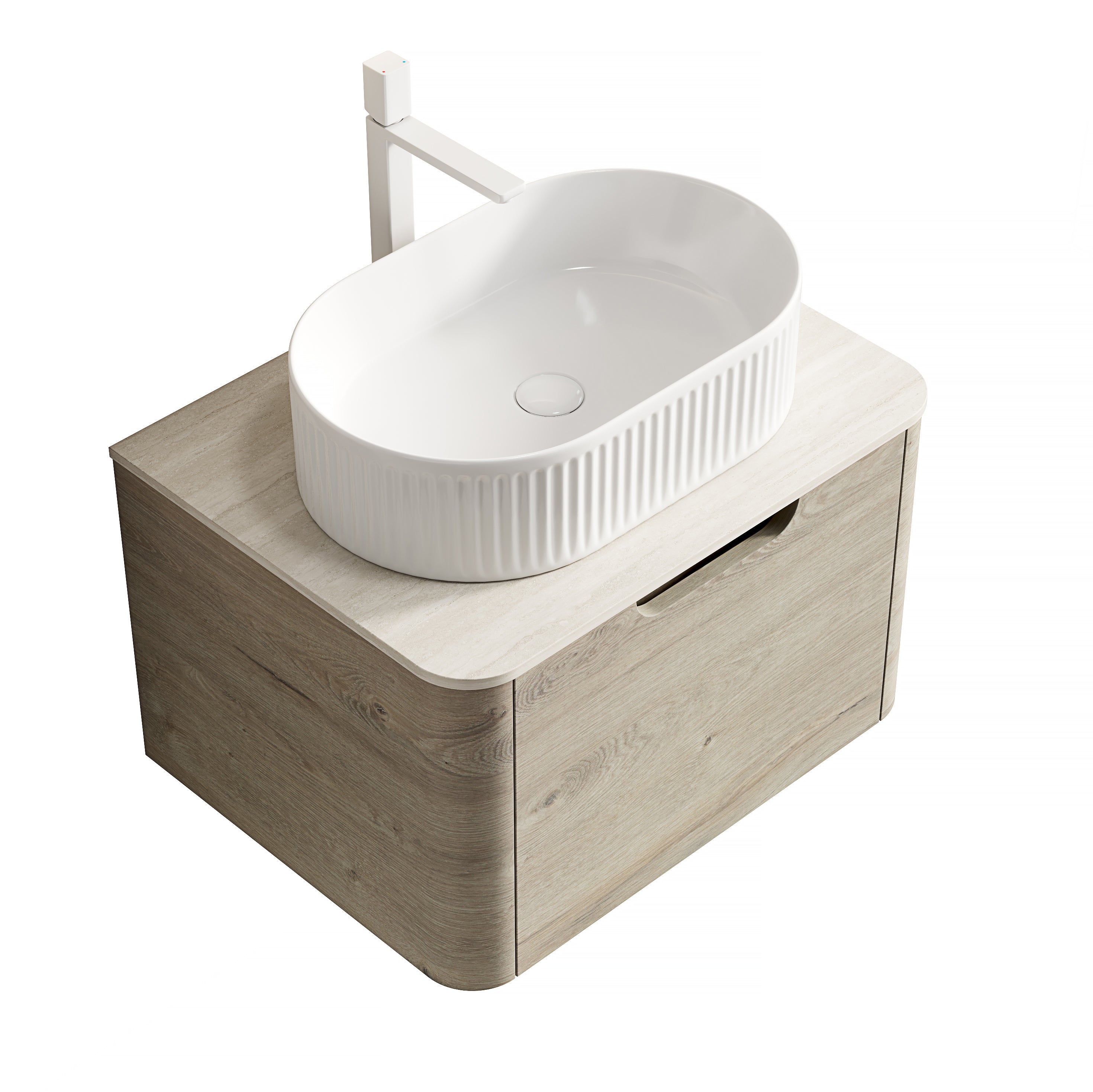 Floating Bathroom Vanity Unit with Oval Sink and Sintered Stone Top, Oak Cream Wood Grain