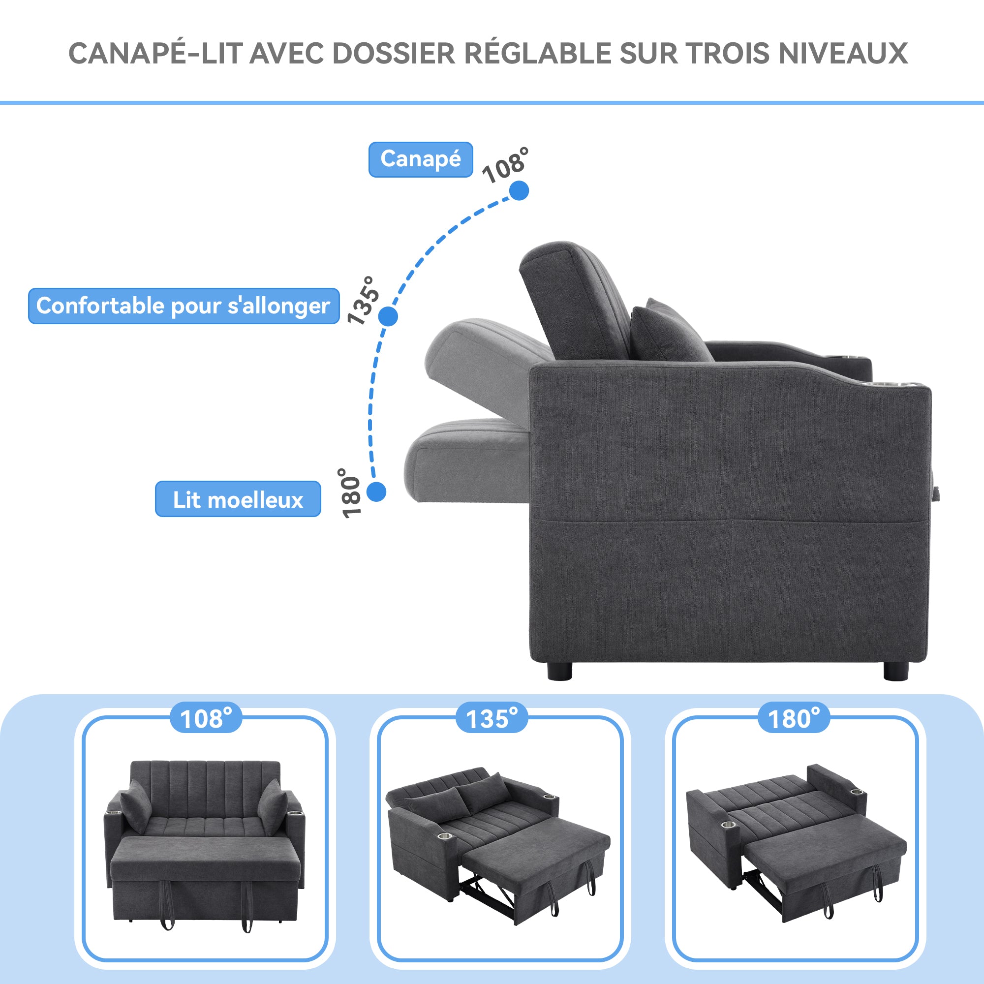 Modern Sofa Bed Multifunctional Adjustable Backrest with Drink Holder & Cushions
