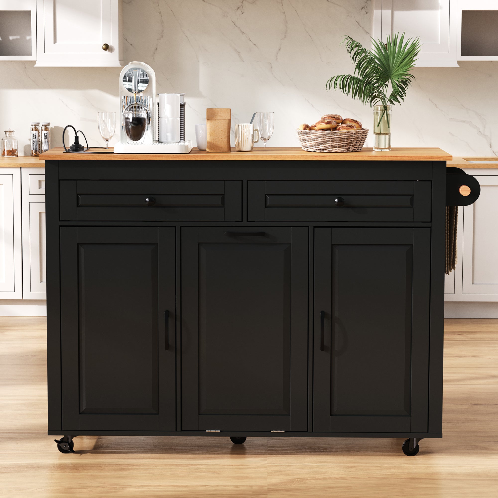 Kitchen Island Mobile Extendable Dining Worktop Waste Bin Power Strips - Black