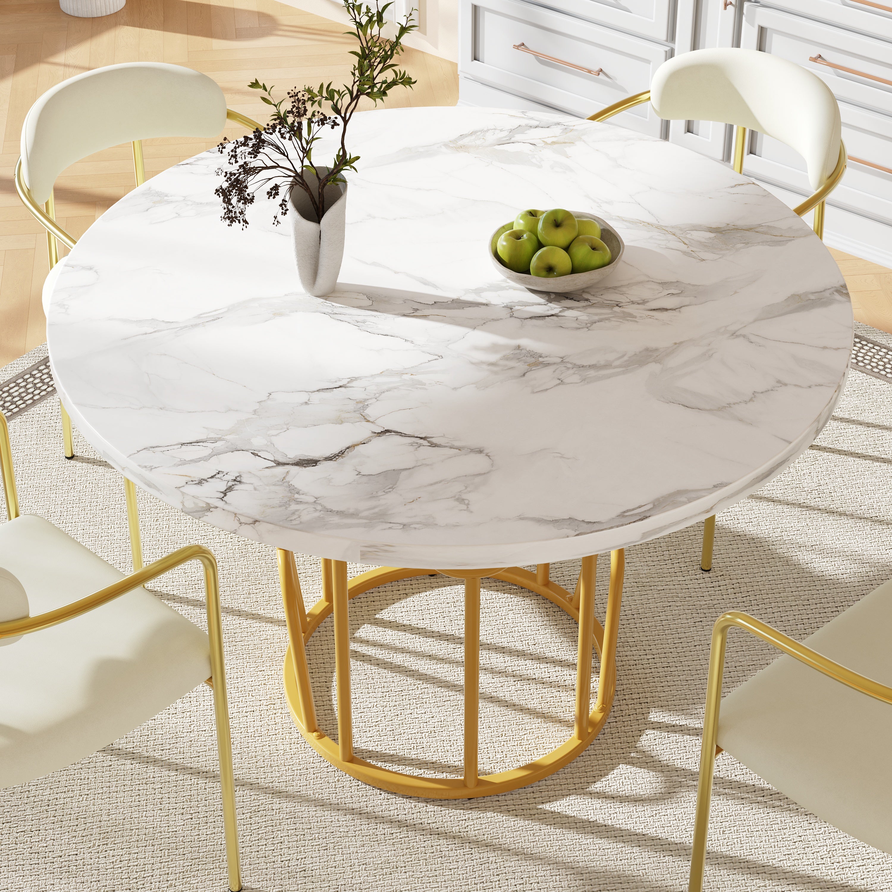 Round Dining Table 80cm 4-6 Seater Marbled MDF Gold Legs