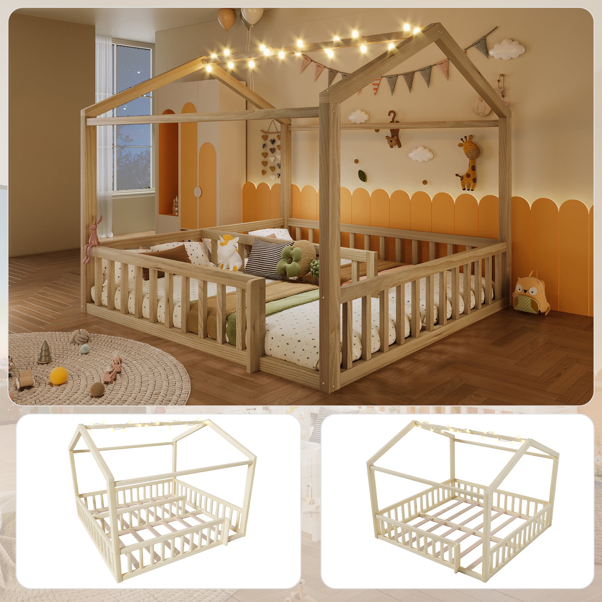 Children's Flatbed Expandable 90/180x190cm House Railing LED Pine Wood Natural