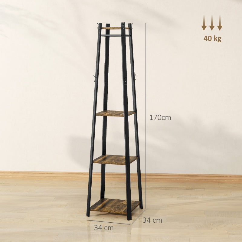 Compact Freestanding Coat Rack Multi-Storage Trapezium Shape - Black/Brown