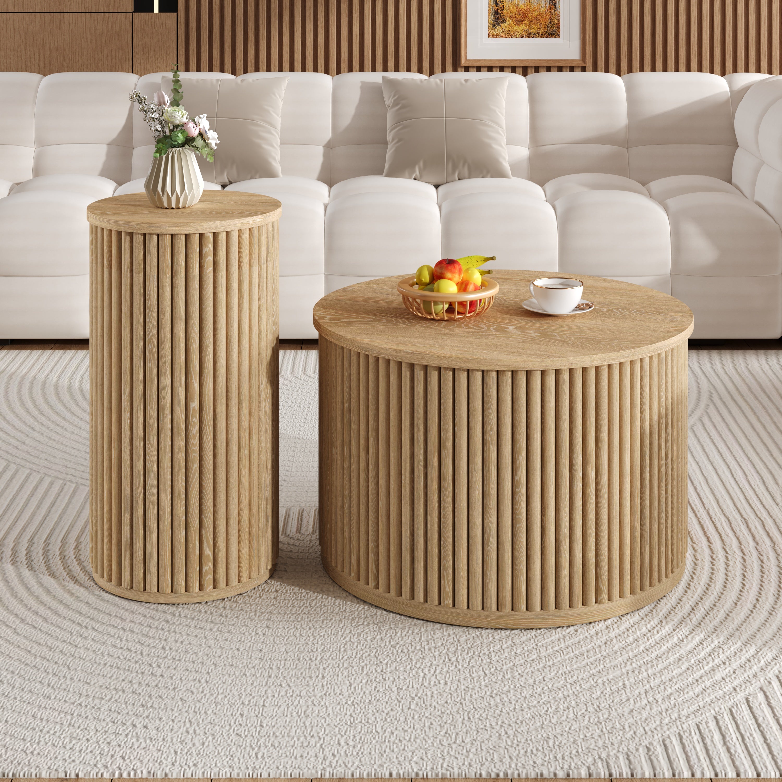 Coffee Table Double Round Slatted - Natural Wood