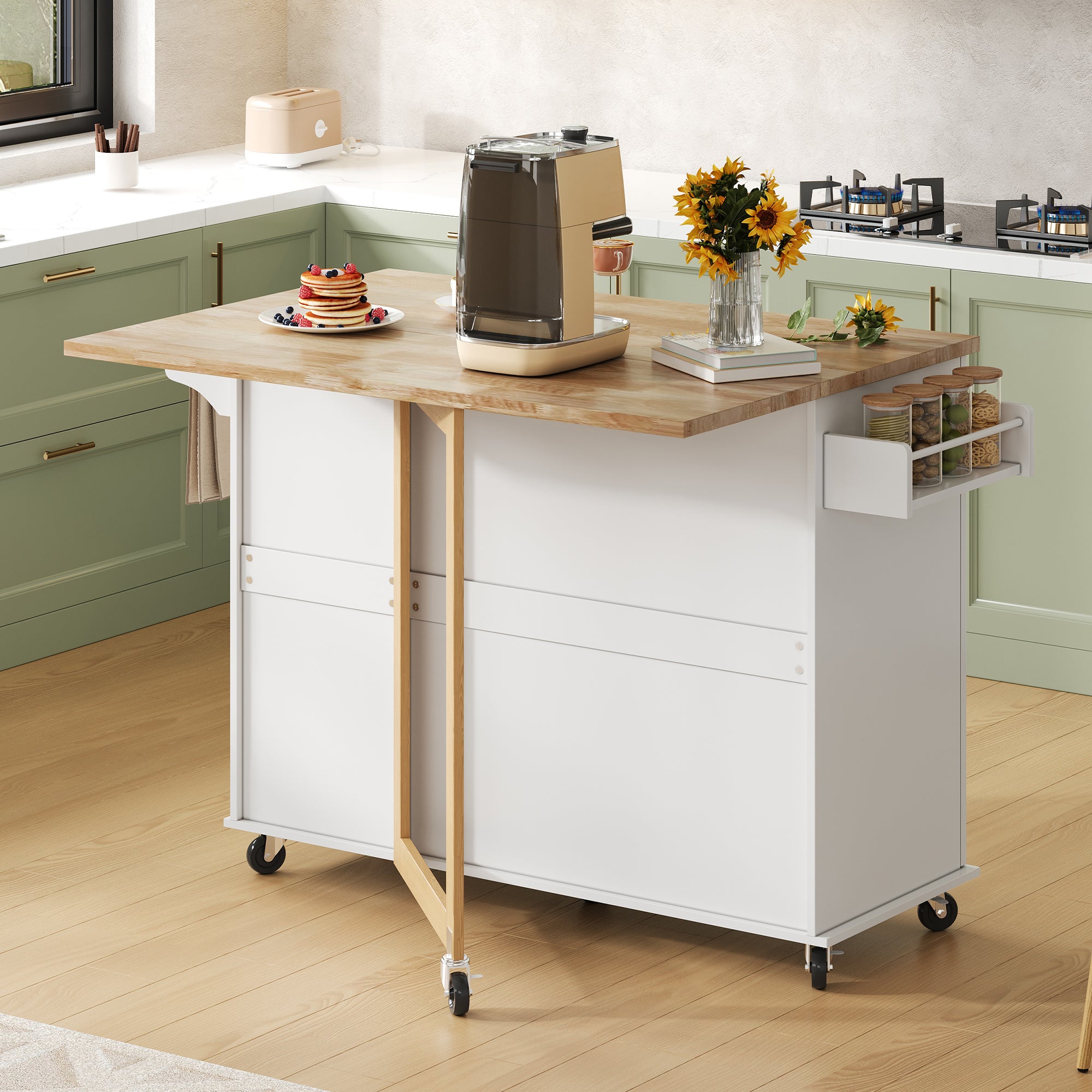 Mobile Kitchen Table with Foldable Oak Worktop and 3 Drawers, Oak and White