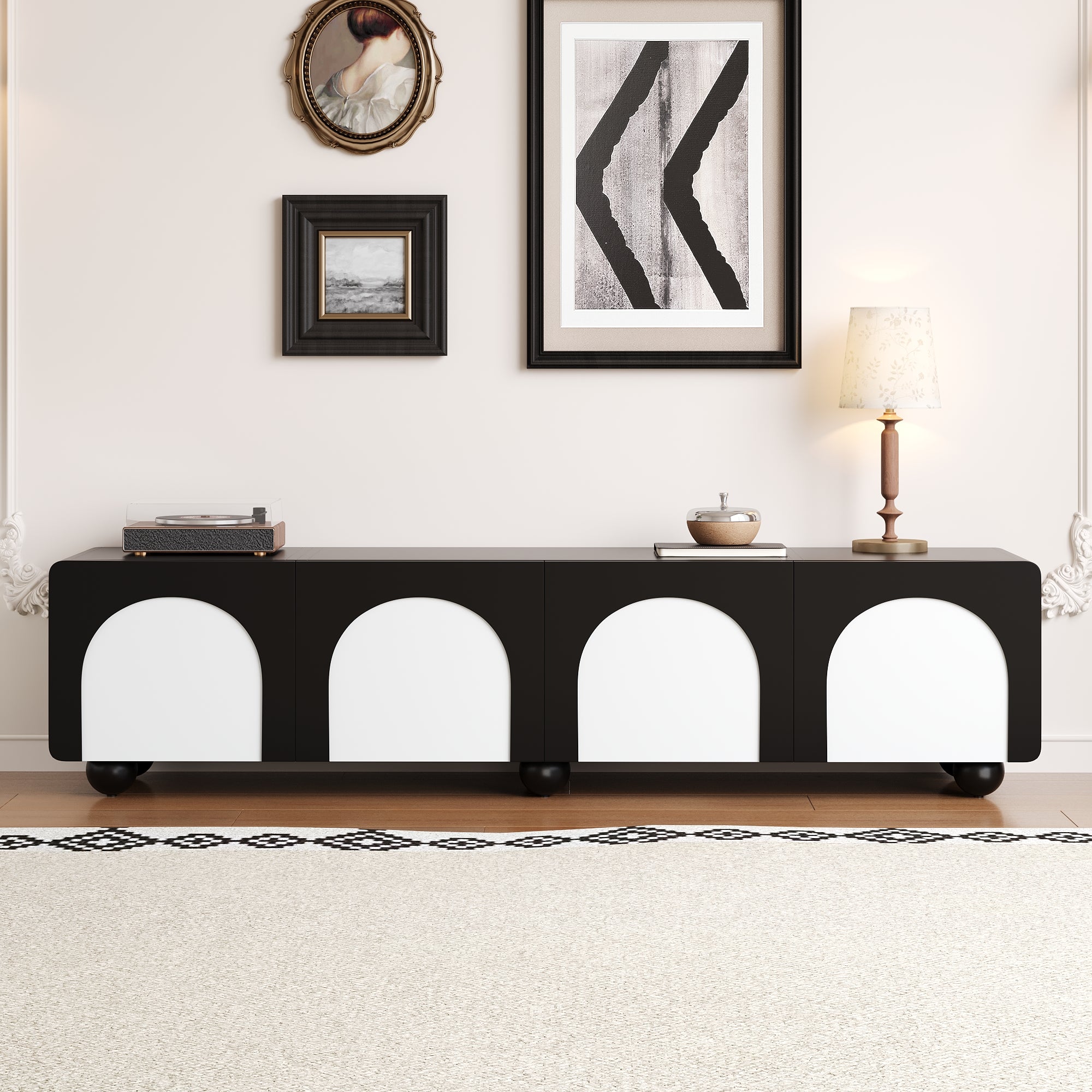 TV Cabinet with 2 Drawers, 2 Doors, Low Profile, Black and White