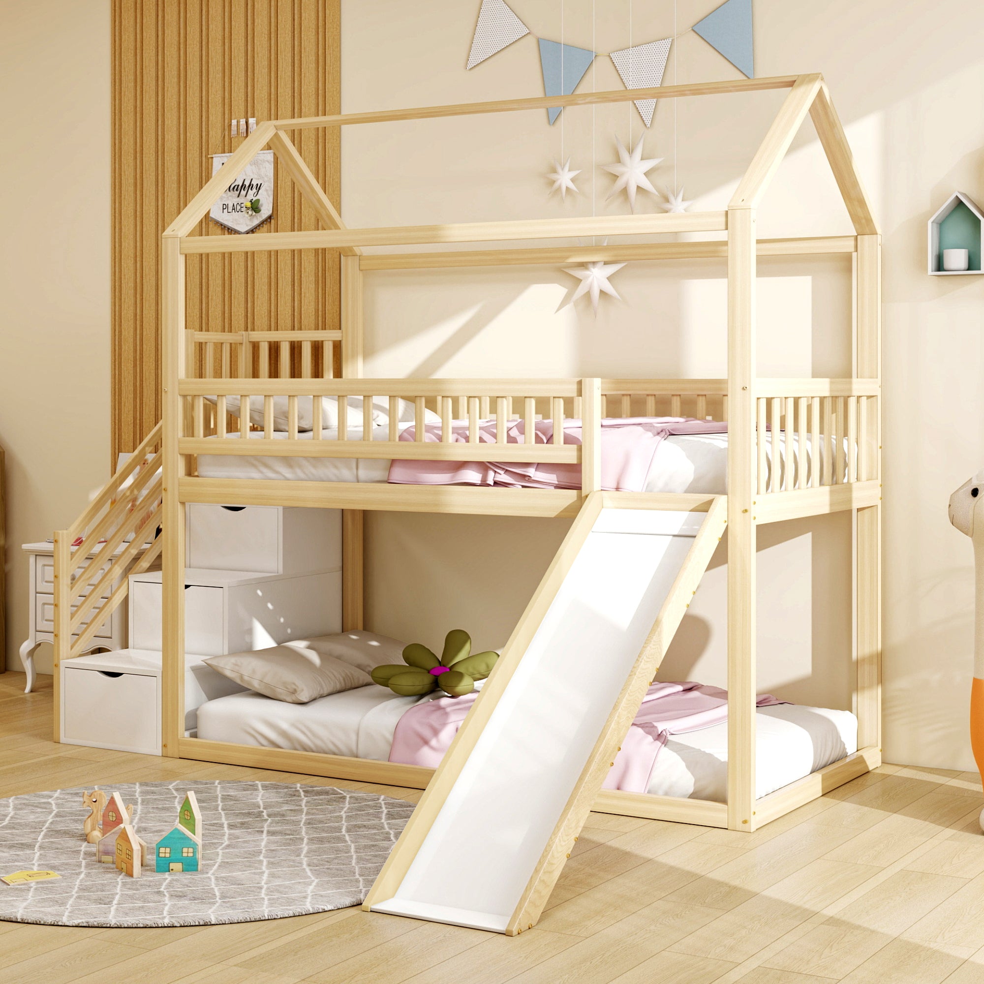 Children's Bunk Bed 90x200cm, Loft with Slide & Storage Ladder, Solid Wood