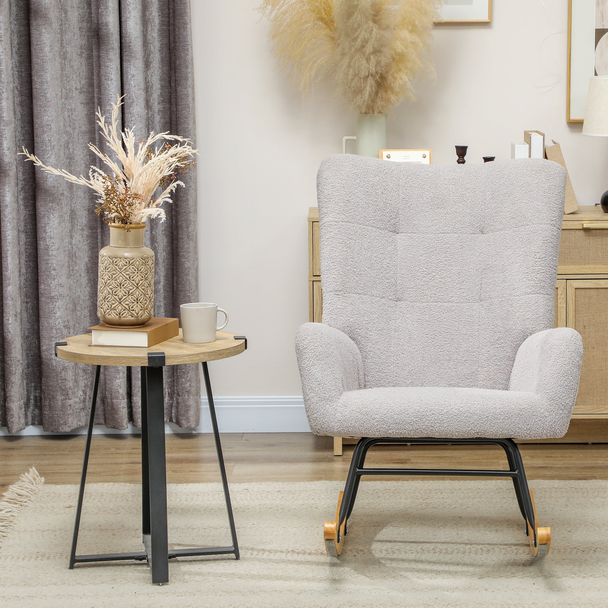 Rocking Chair, Armrests, Wooden Base, Teddy Velvet, Light Gray