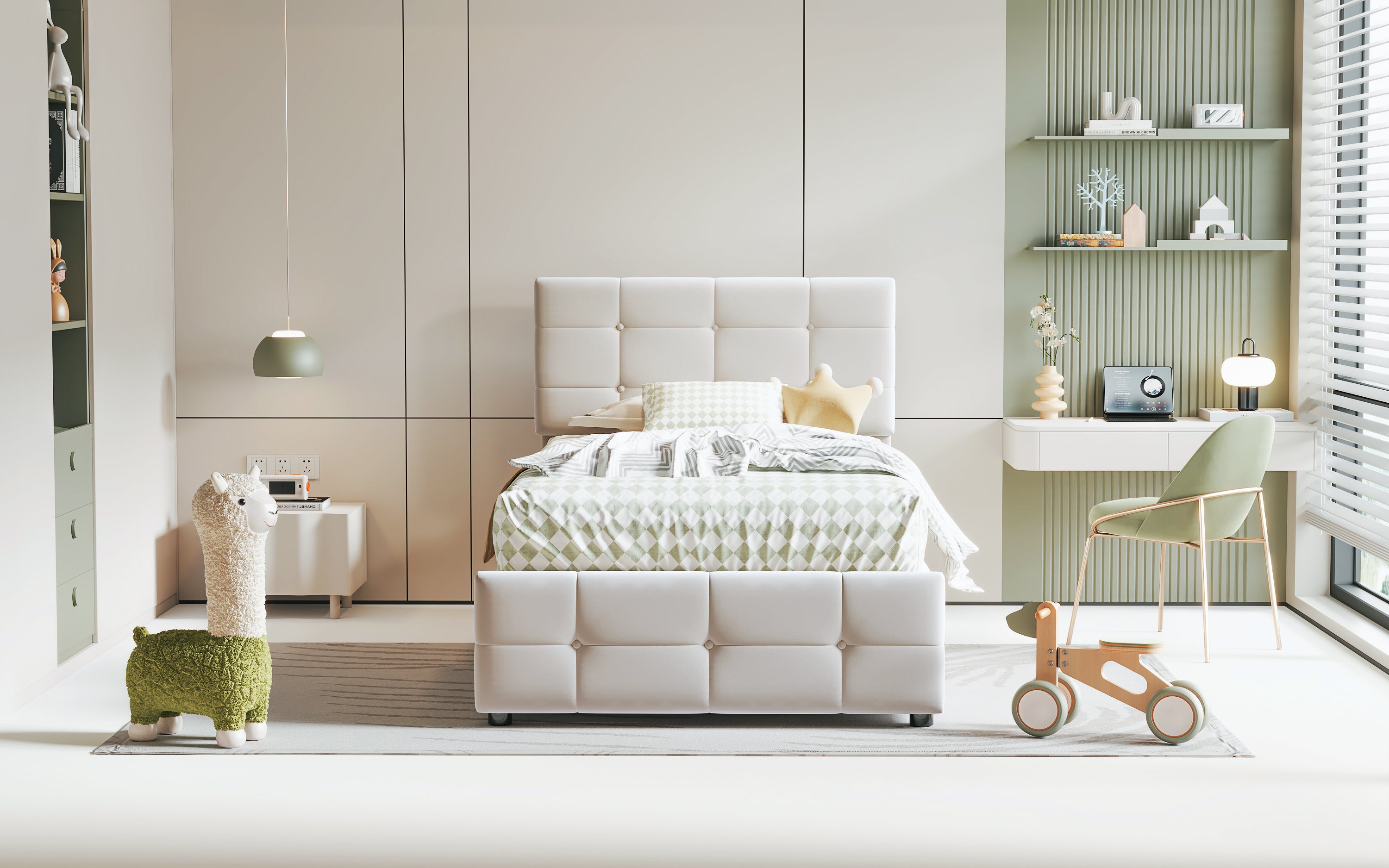 Upholstered Children's Bed 90x200cm, Hydraulic Storage, Adjustable Headboard, Velvet Beige