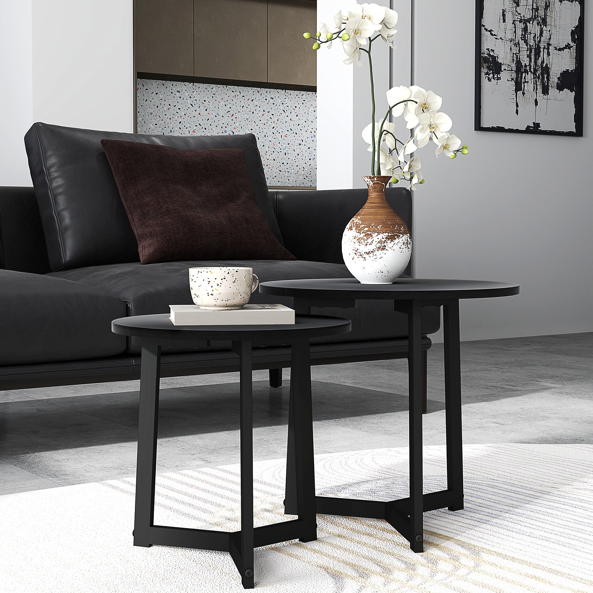 2-Piece Coffee Table Set Round Side Steel Frame, Black
