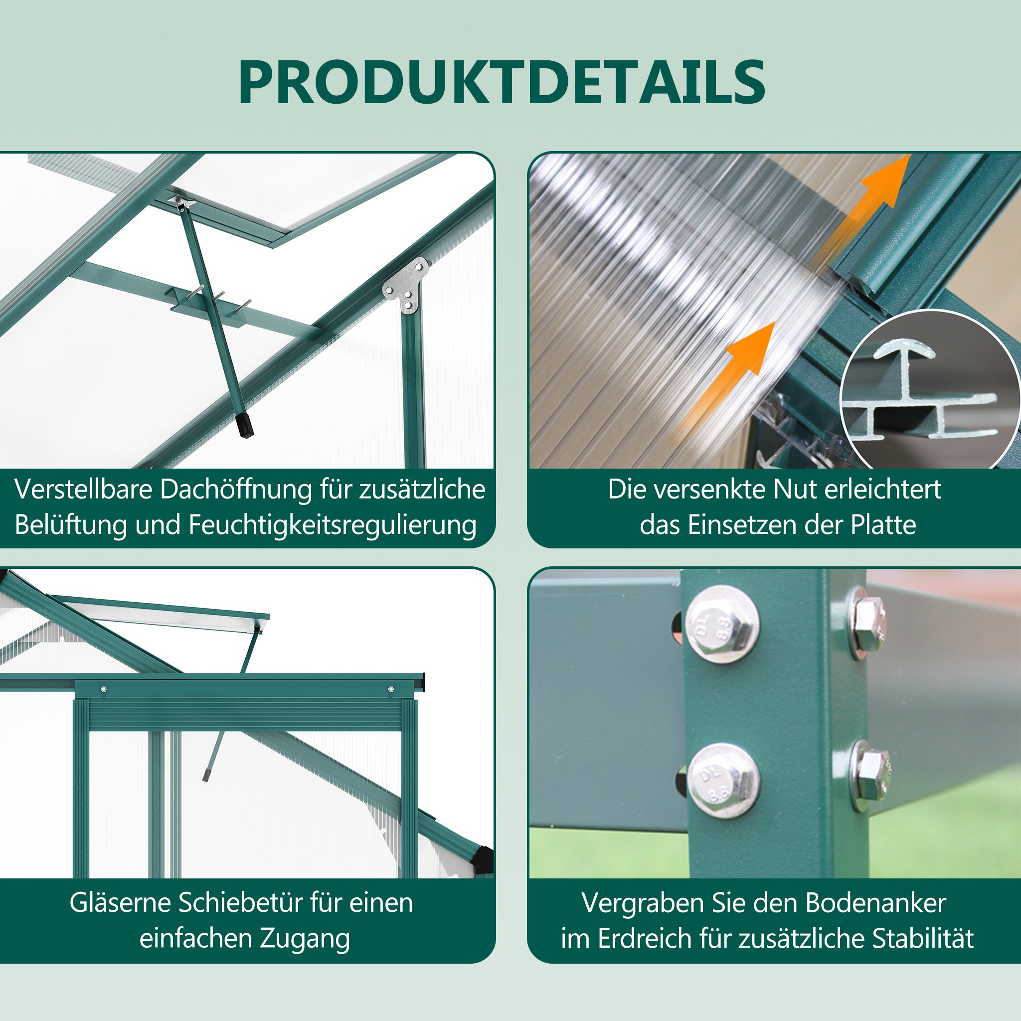 Aluminum Greenhouse 4.75 m² 190 × 253 cm with Foundation, 1 Roof Window & Sliding Door, Aluminum