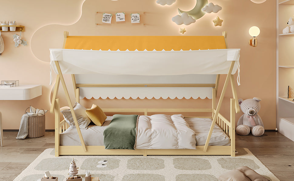 Children's Bed Single, Wooden House Design, Removable Tent, Safety Railing, Pine + Plywood, Natural, 90x190cm