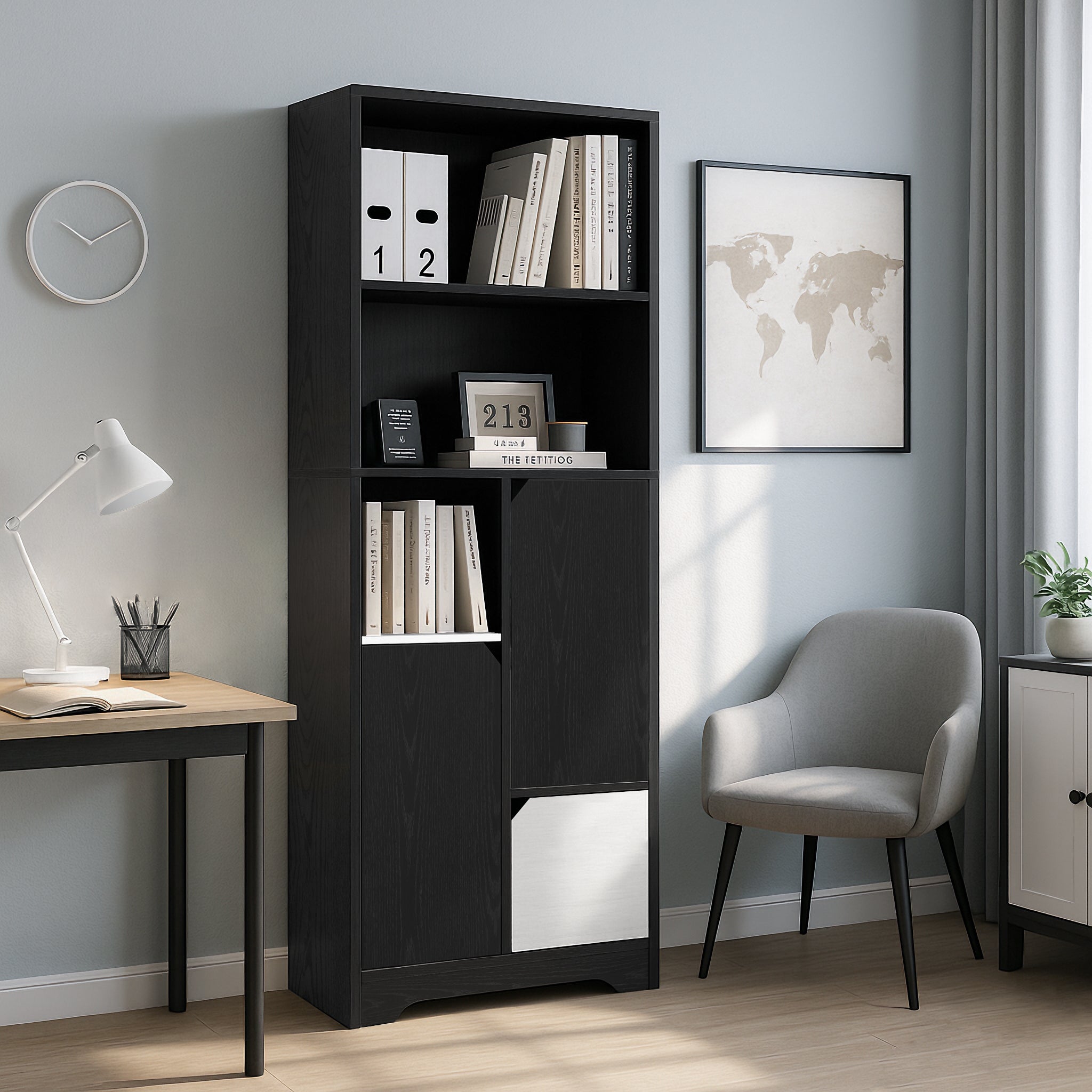 Multifunctional Bookcase Storage Cabinet, Open Storage Doors Drawers, Black and White