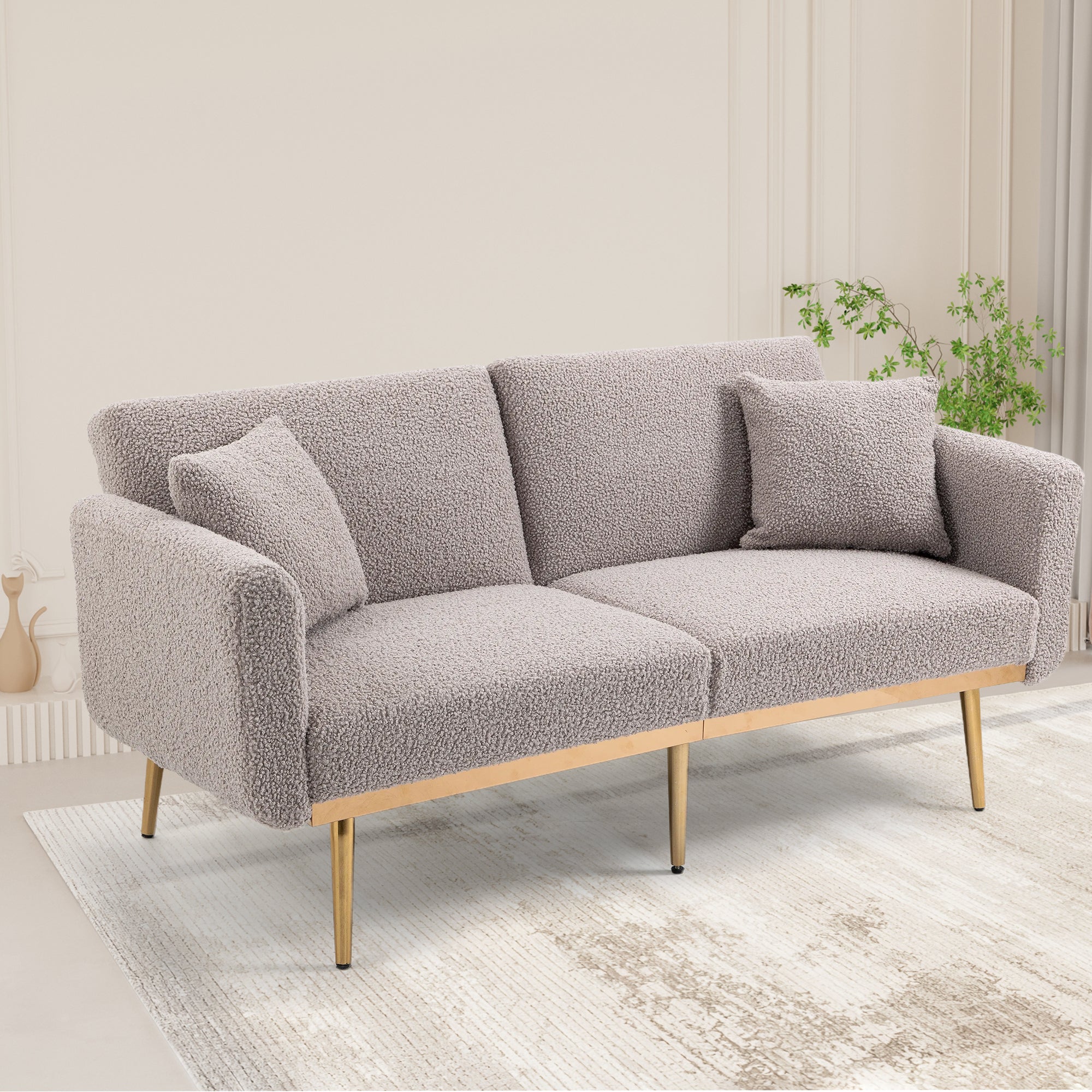 GOMYWAY Modern 2-Seater Sofa 3-Speed Adjustable Backrest Gold Metal Legs Grey Teddy