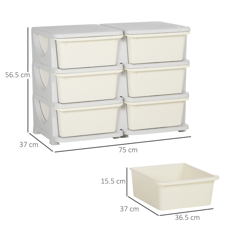 Kids Storage Unit, Six Drawers - Cream