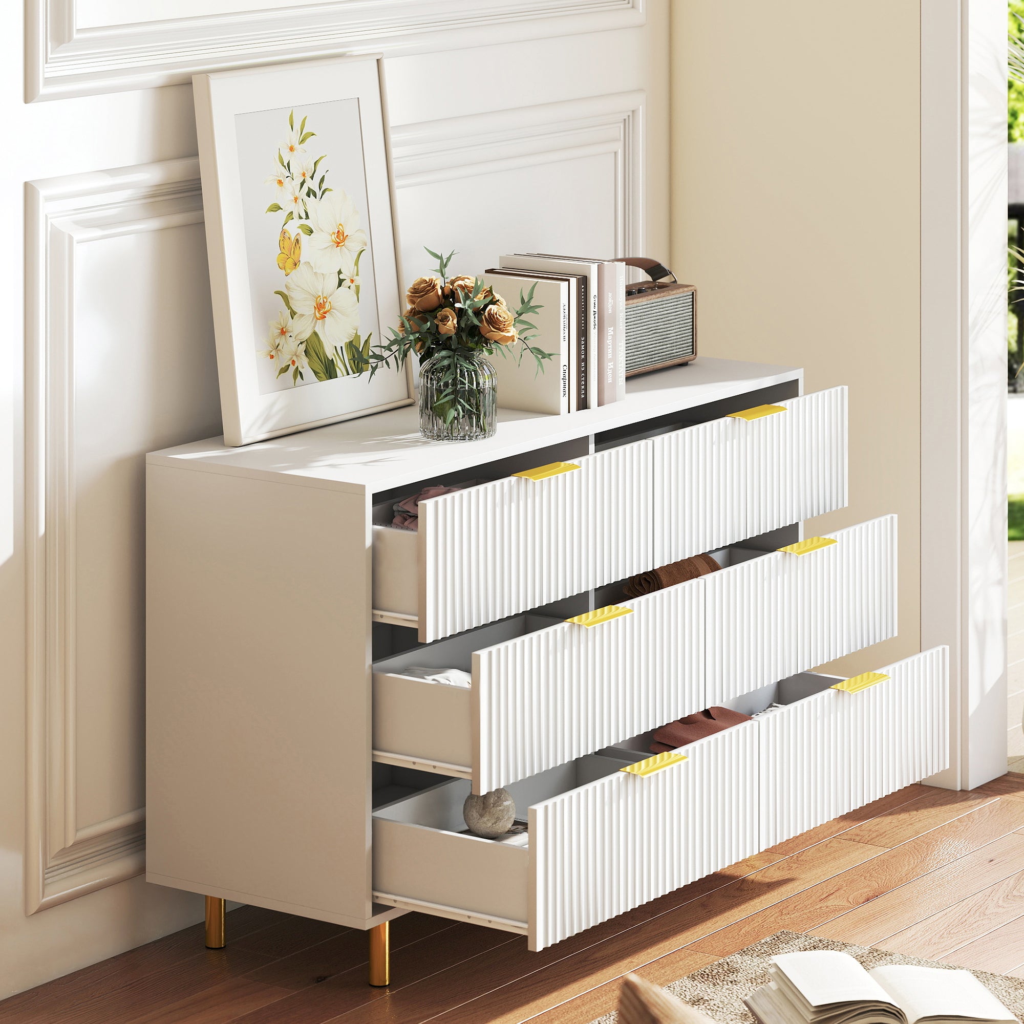 Chest of Drawers Sideboard with 6 Drawers and Modern Design, White and Gold