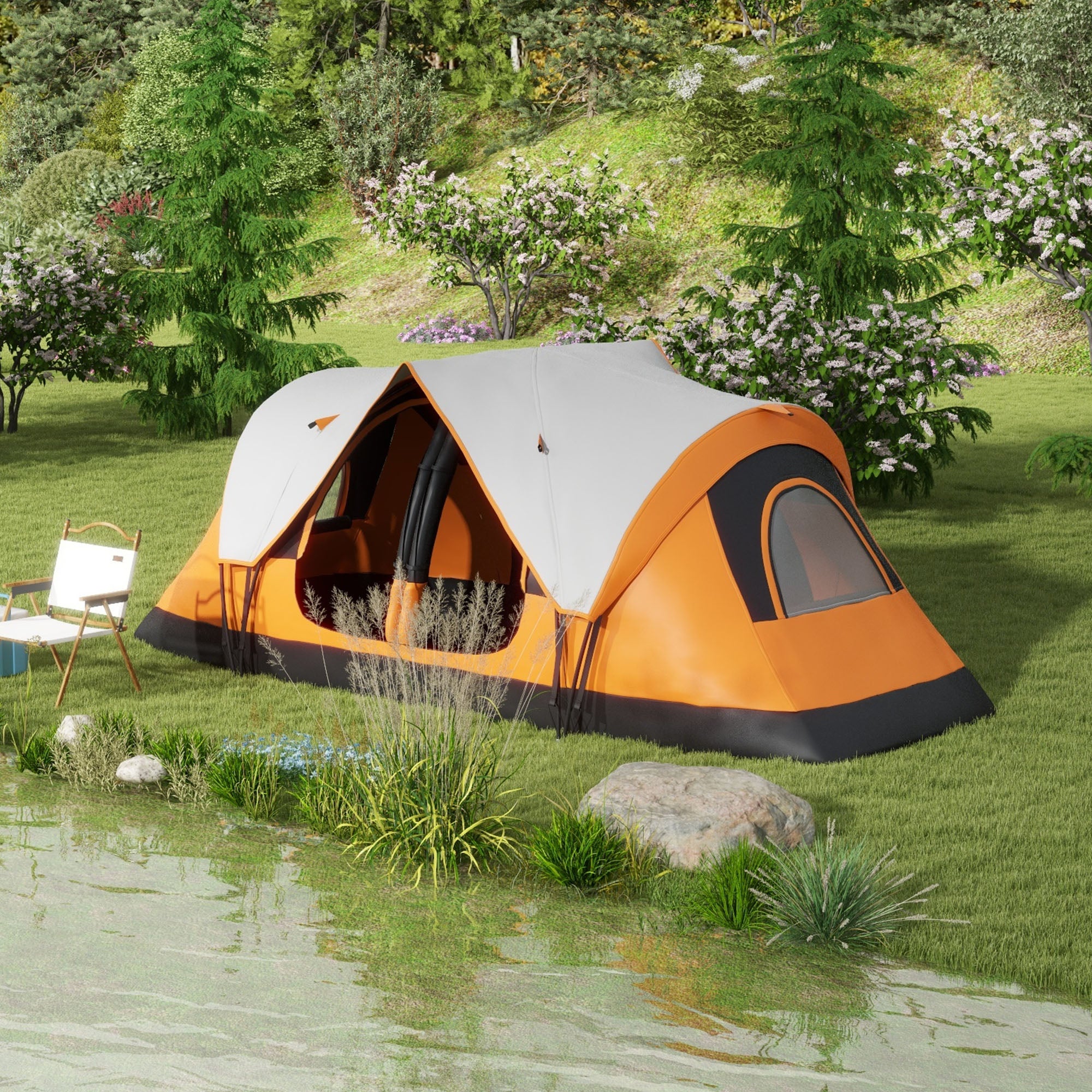Camping Tent, Tunnel Tent 8-Person 2 Rooms Windproof 2000mm Water-Repellent, Orange