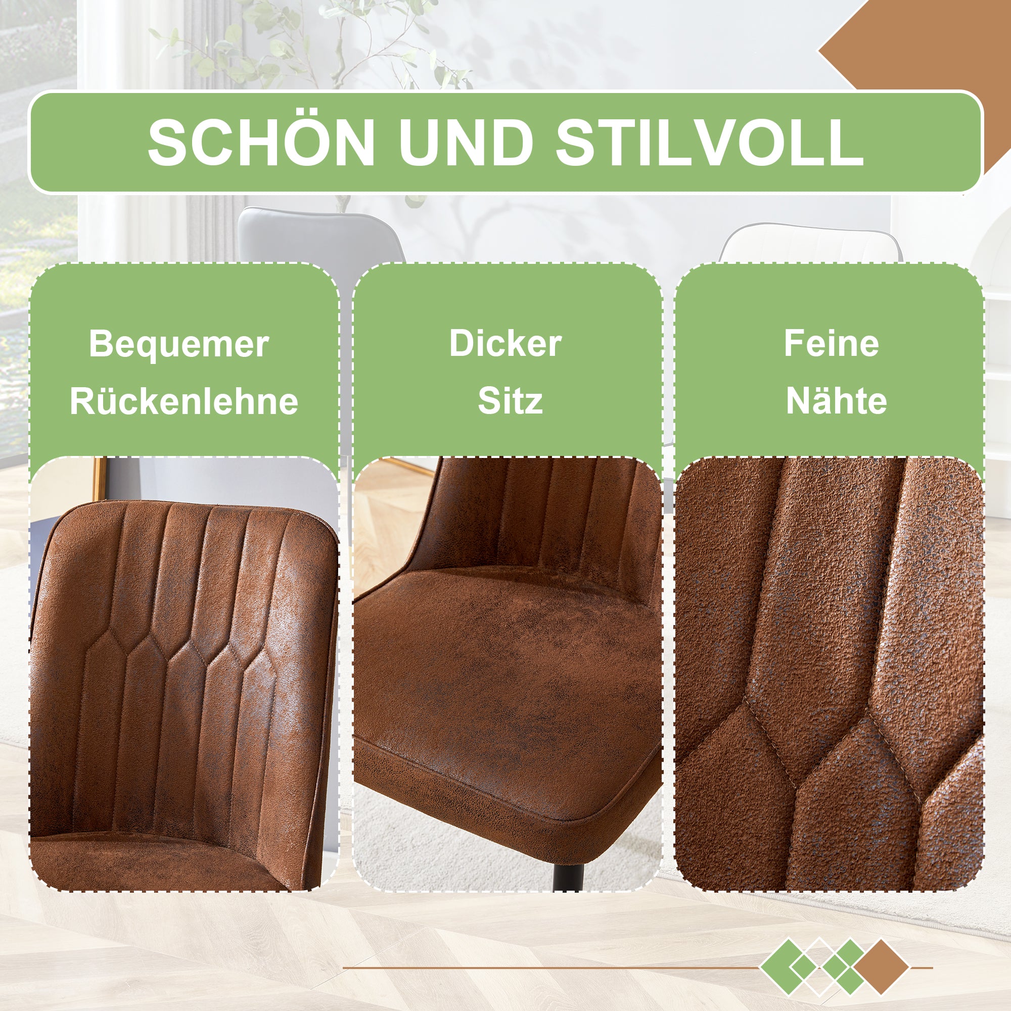 Set of 2 Dining Chairs, Modern with Black Metal Legs, Brown Tech Fabric