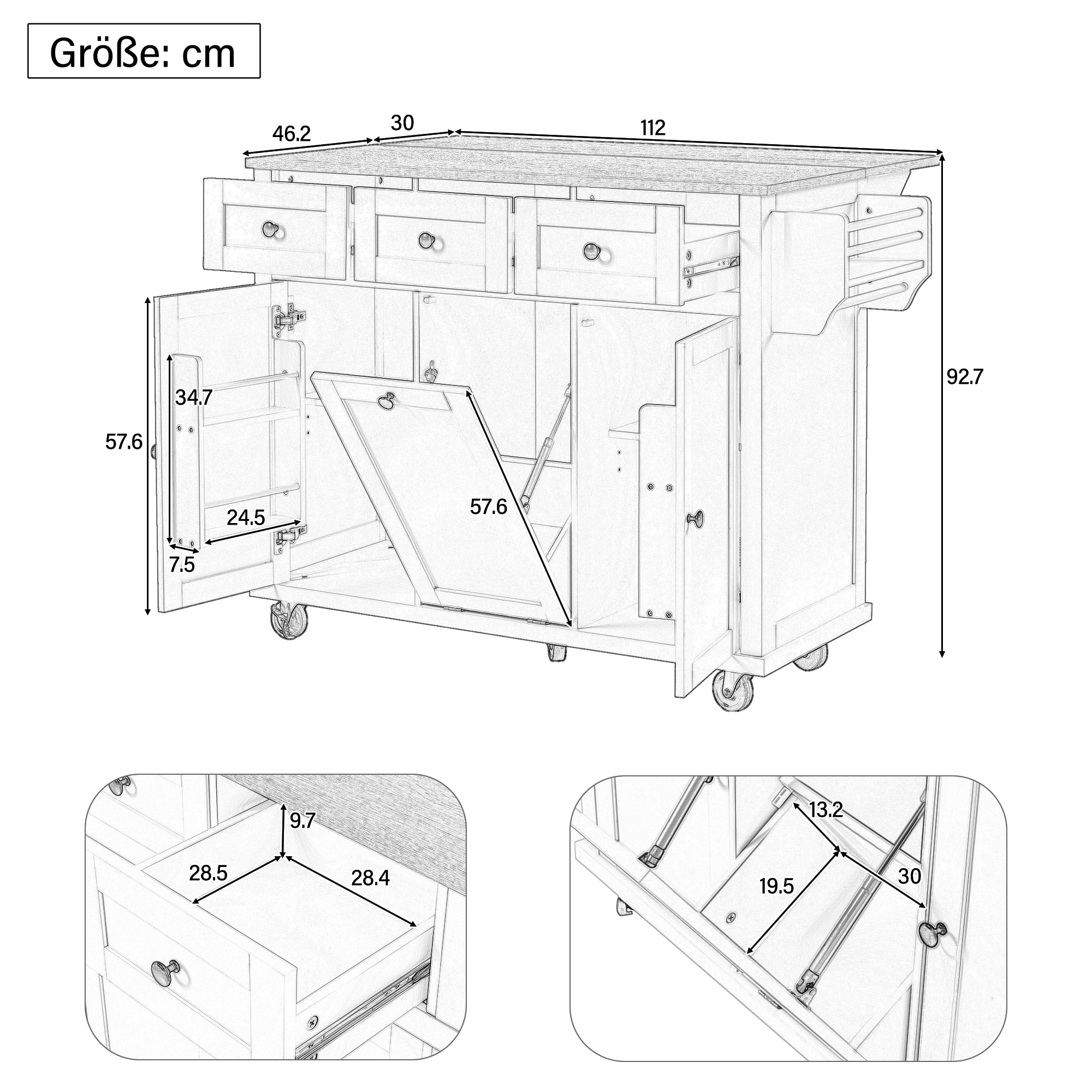 Mobile Kitchen Island Extendable Dining Area with Waste Bin & Drawers, White