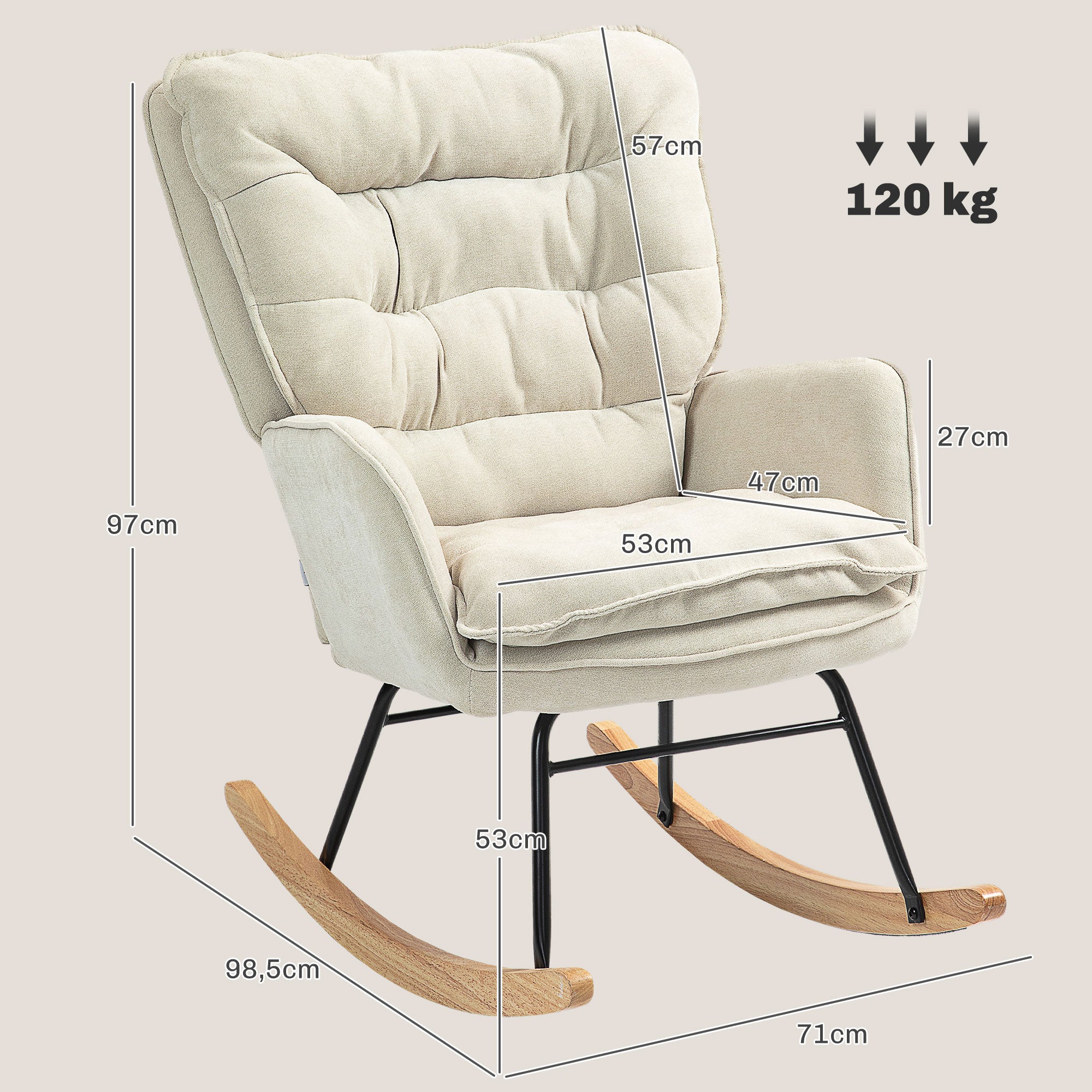 Rocking Chair, Armrests, Nursing, 120 kg Load Capacity, Chenille Look, Beige