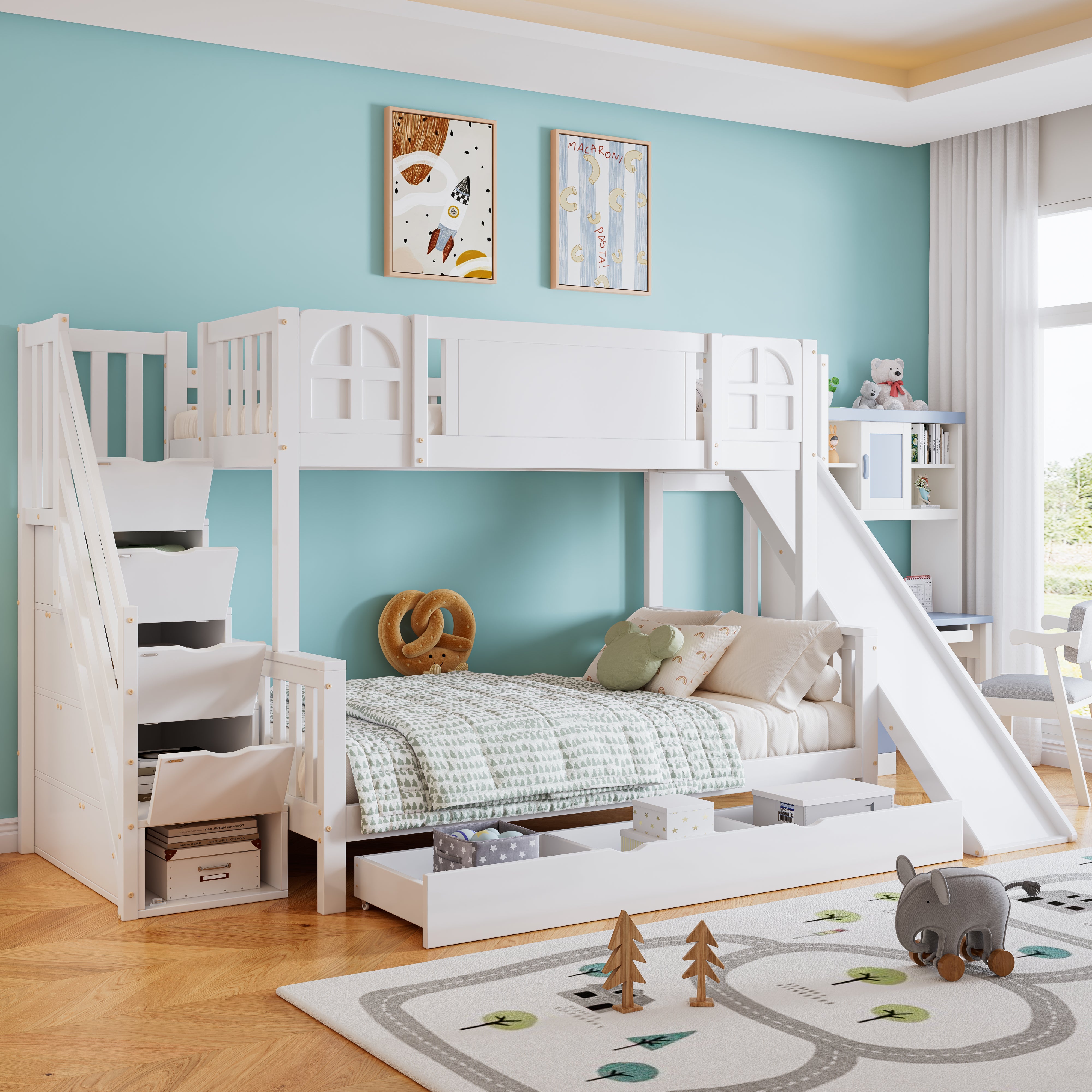 Bunk Bed, Children's with Slide, Drawers, Stairs & Lockers, Pine+MDF White