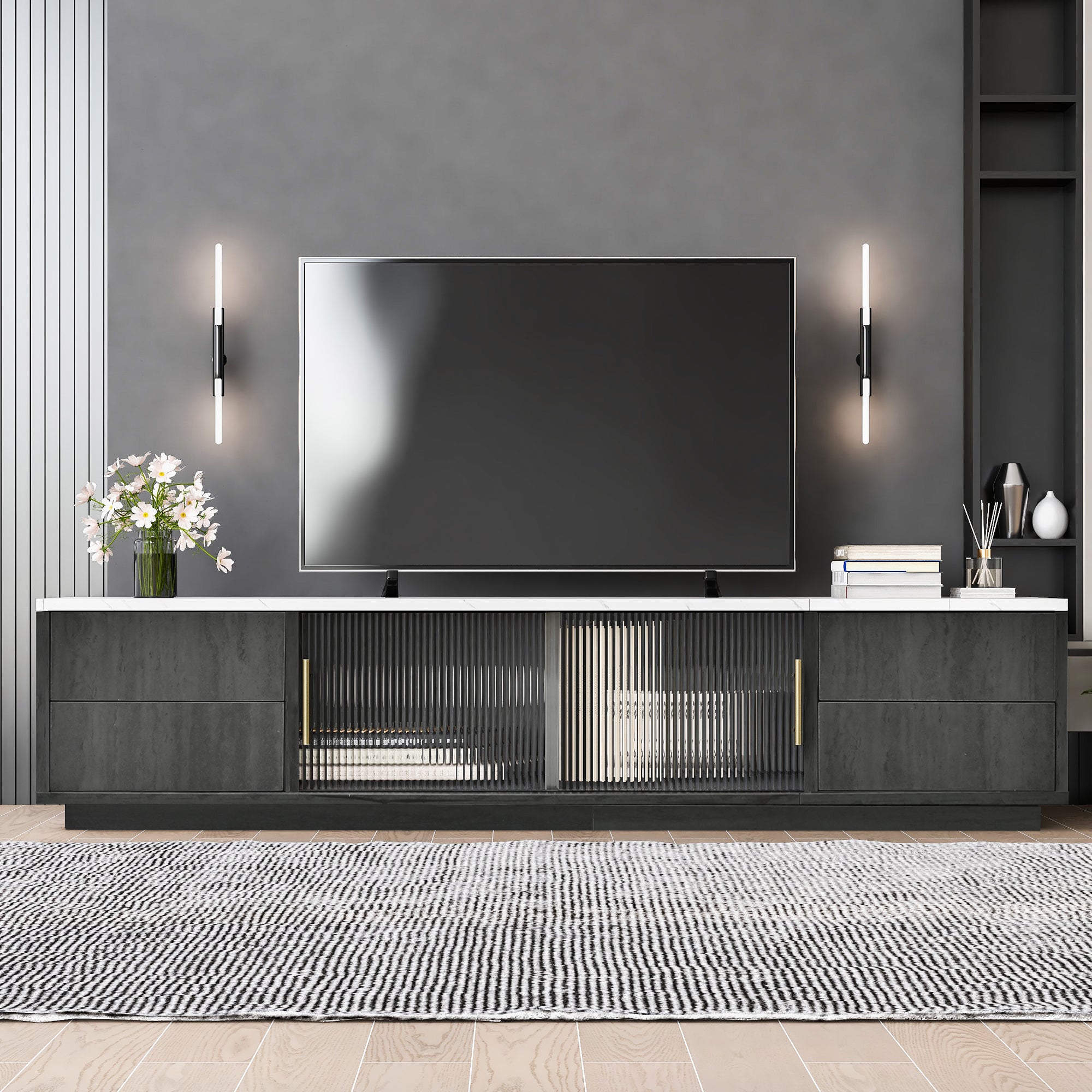 160cm Deluxe TV Stand for 70" TV, Cable Management, Push-to-Open Drawers, Grey Marbled